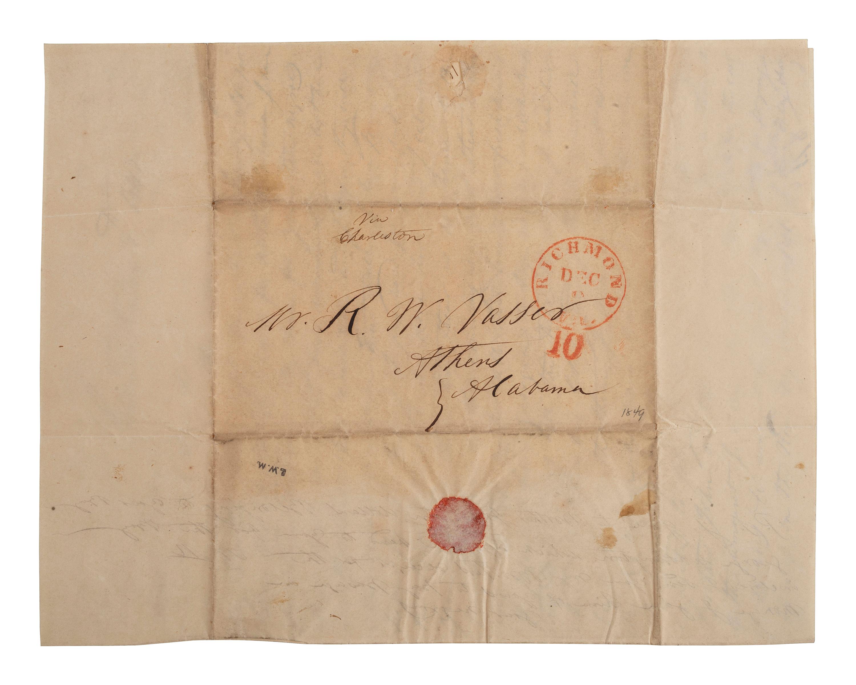[SLAVERY & ABOLITION]. MATTHEWS, Nathaniel. Autograph letter signed ("Nathaniel Matthews"), to R.W. Vasser, with details of 10 enslaved individuals. Richmond, VA, 9 December 1849.