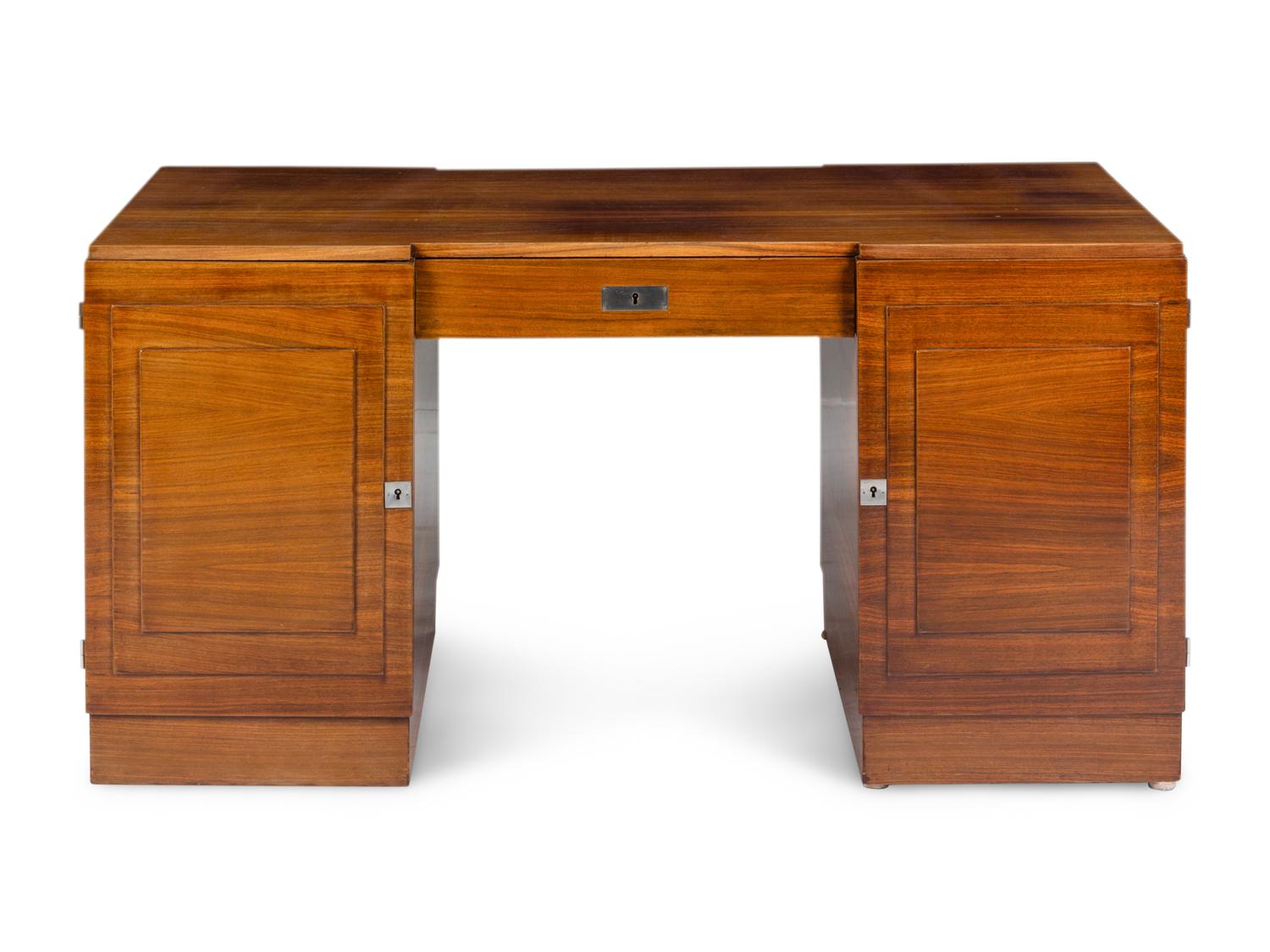 An Art Deco Style Figured Walnut Pedestal Desk