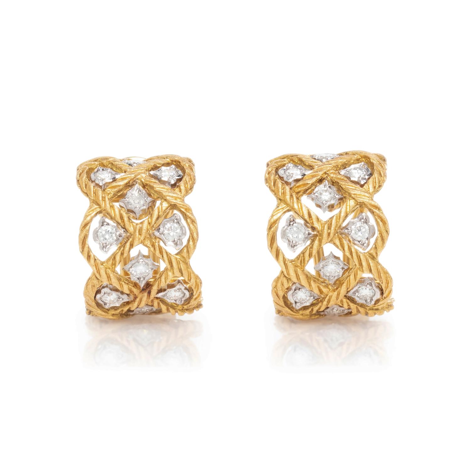 BUCCELLATI, BICOLOR GOLD AND DIAMOND 'ÉTOILÉE' HOOP EARCLIPS