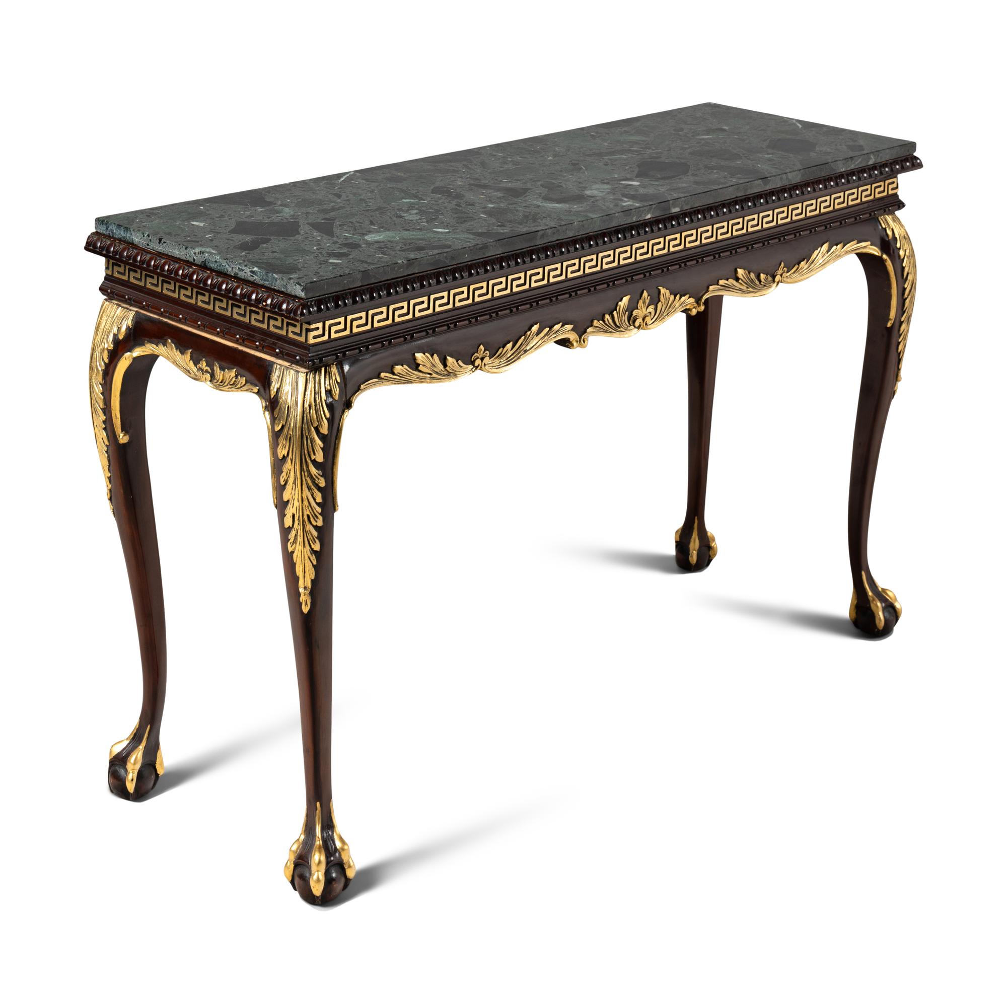 A Pair of George II Style Parcel Gilt Mahogany and Marble-Top Console Tables