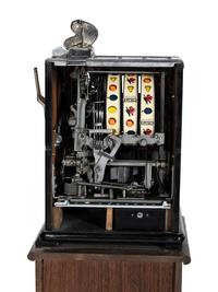 A Watling 1 Cent Dual Jackpot Gum Dispenser Slot Machine on Reverse Printed Glass Inset Golden Nugget Stand