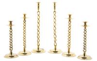 Three Pairs of English Brass Barley Twist Candlesticks, Height of tallest 20 1/8 inches.