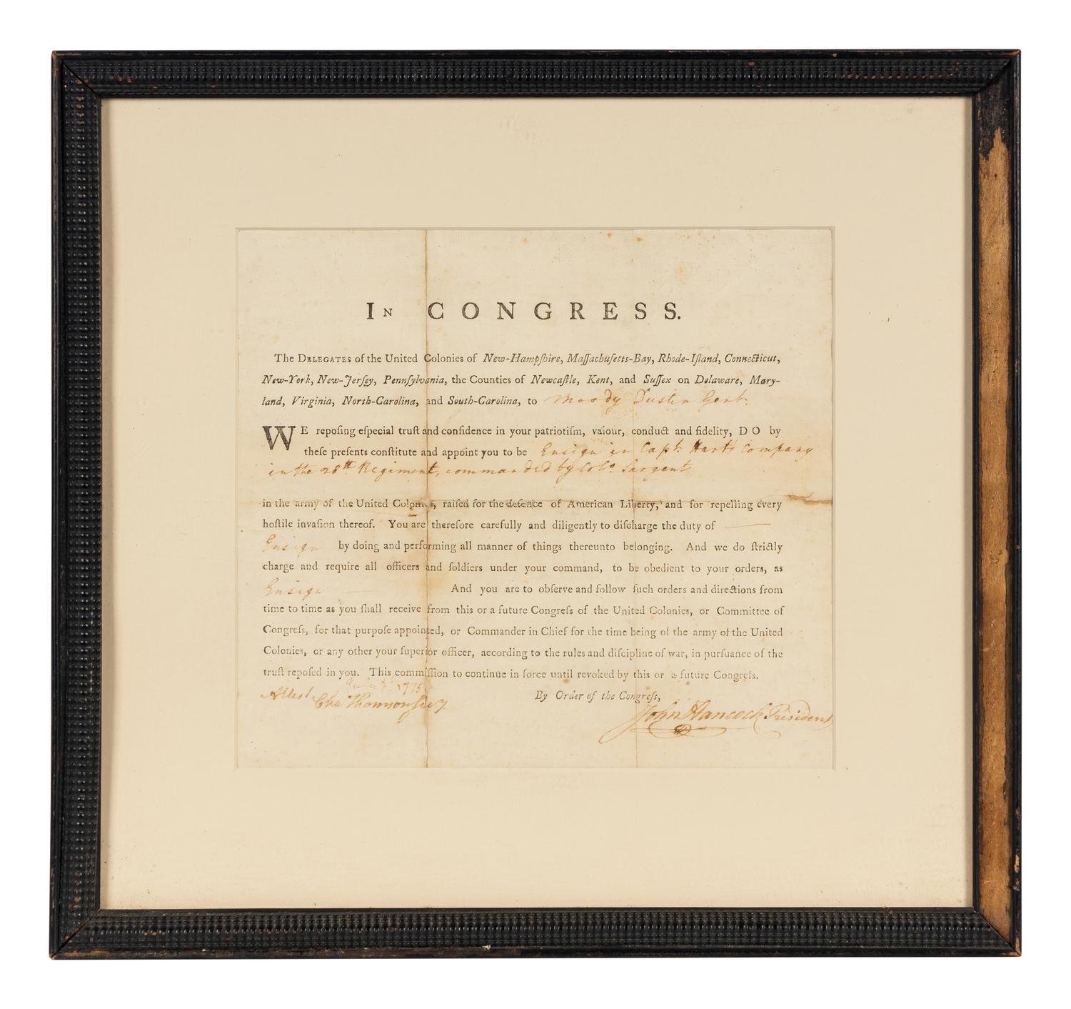 HANCOCK, John (1737-1793). Partly printed document signed ("John Hancock"), as President of the Continental Congress. July 5th? 1775. Counter-signed by Charles Thomson as Secretary of the Continental Congress.