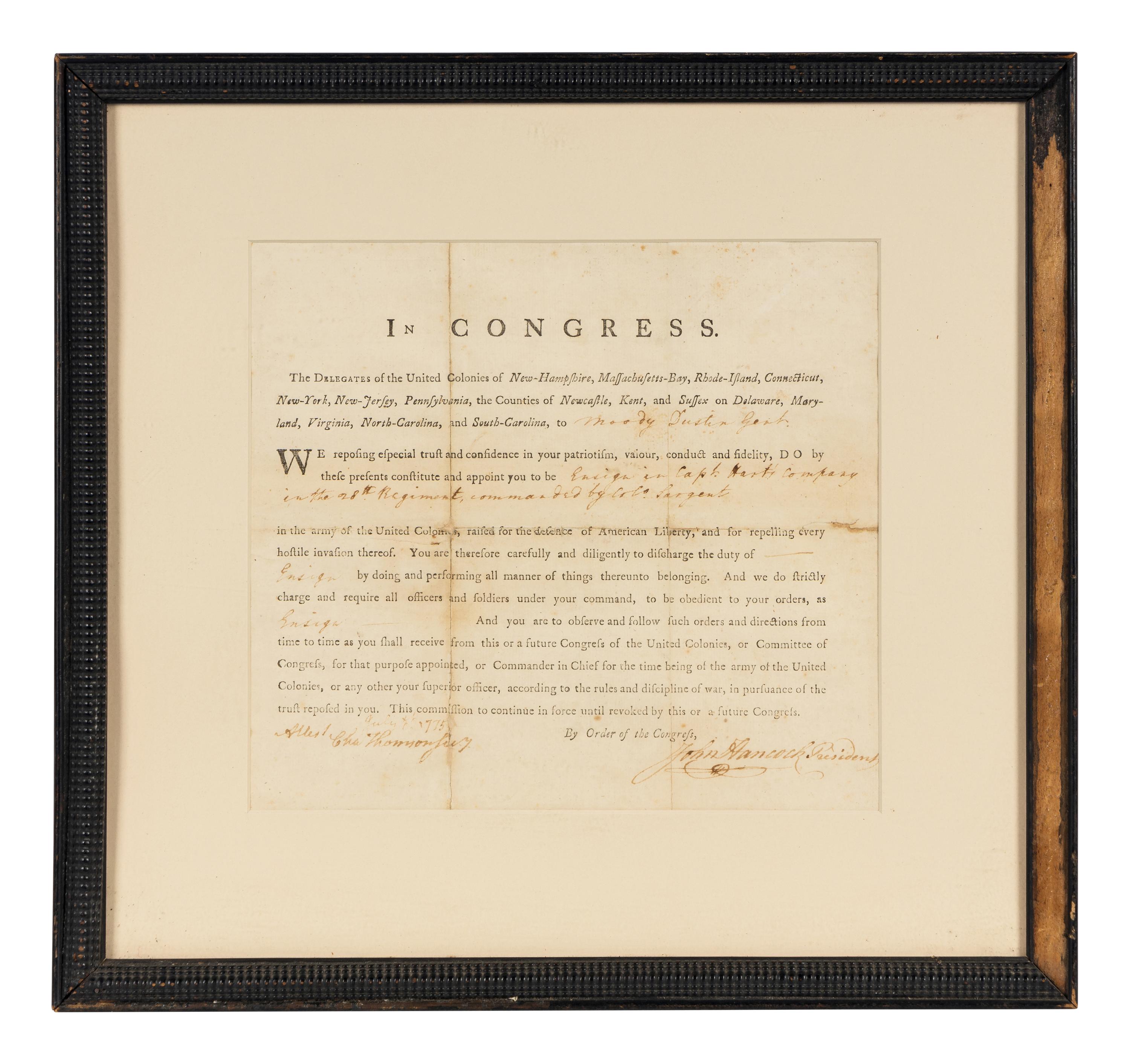 HANCOCK, John (1737-1793). Partly printed document signed ("John Hancock"), as President of the Continental Congress. July 5th? 1775. Counter-signed by Charles Thomson as Secretary of the Continental Congress.
