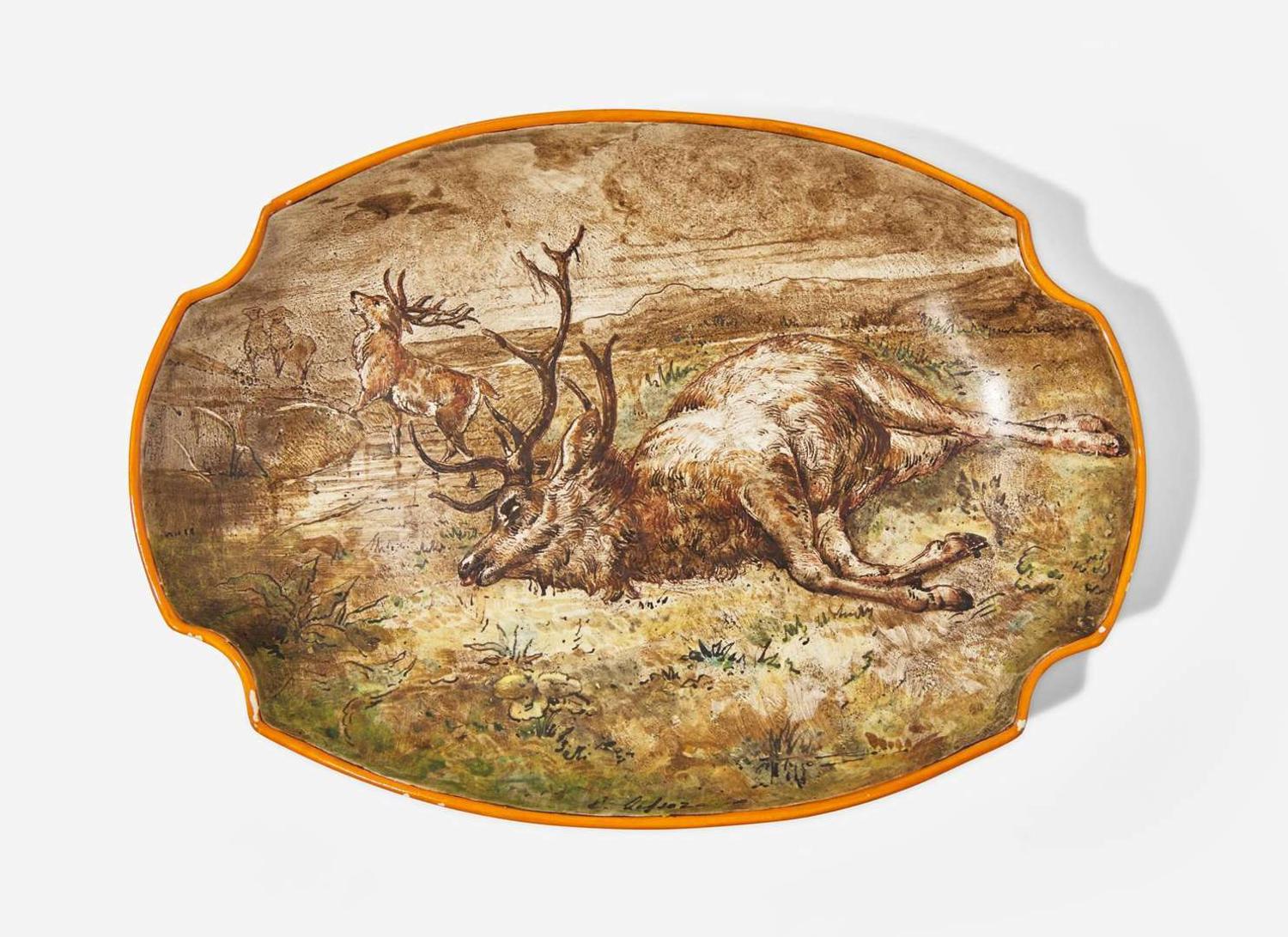 A Wedgwood Enamel Decorated Queensware Dish with Dying Stag, UK, late 19th century