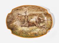 A Wedgwood Enamel Decorated Queensware Dish with Dying Stag, UK, late 19th century