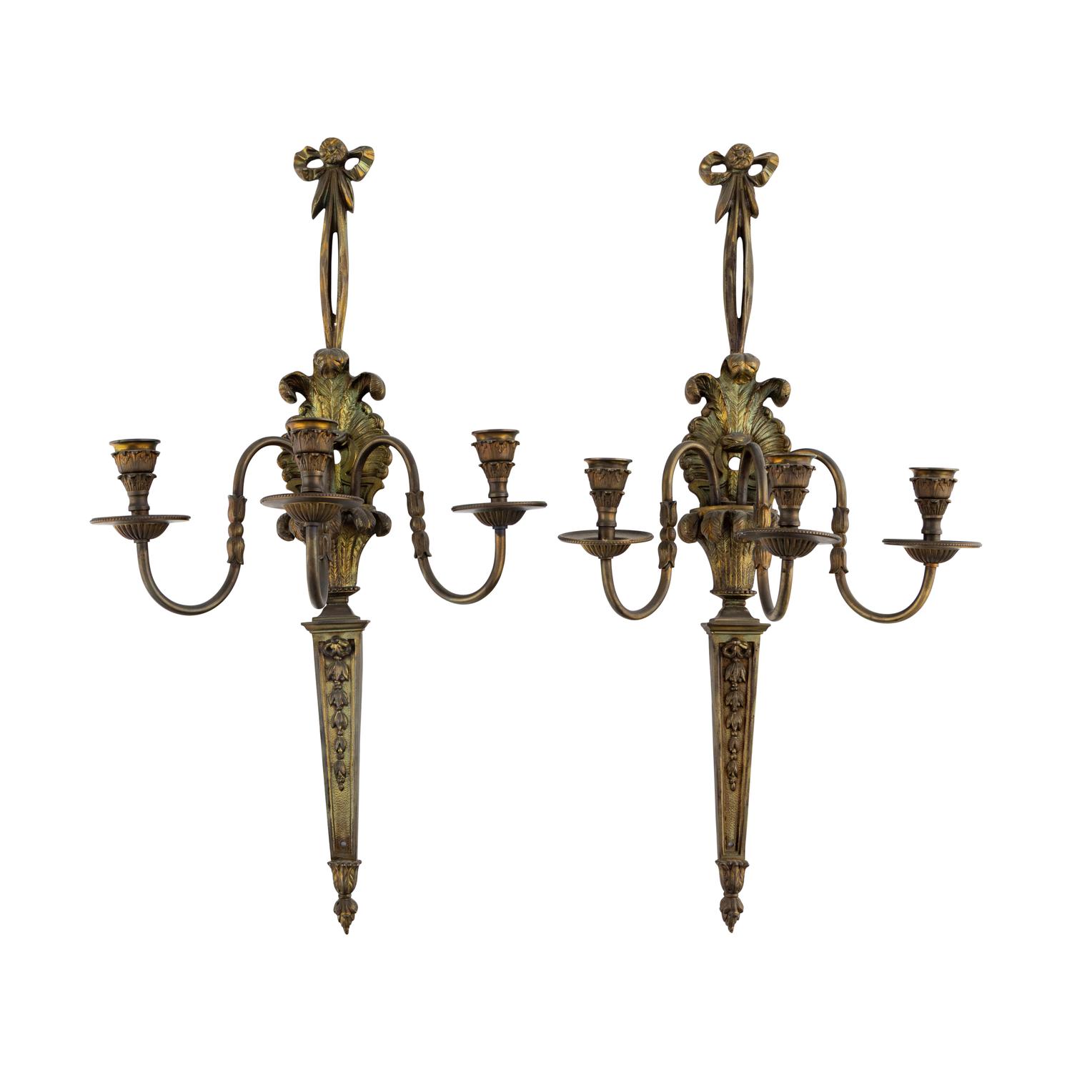 A Pair of Louis XVI Style Bronze Three-Light Sconces