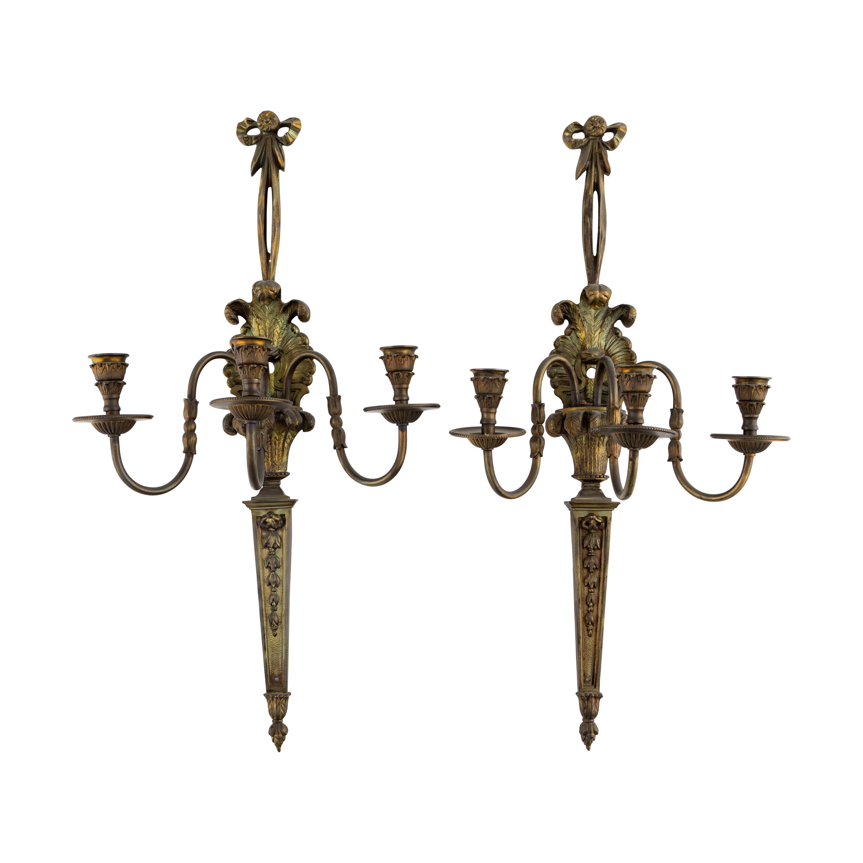 A Pair of Louis XVI Style Bronze Three-Light Sconces