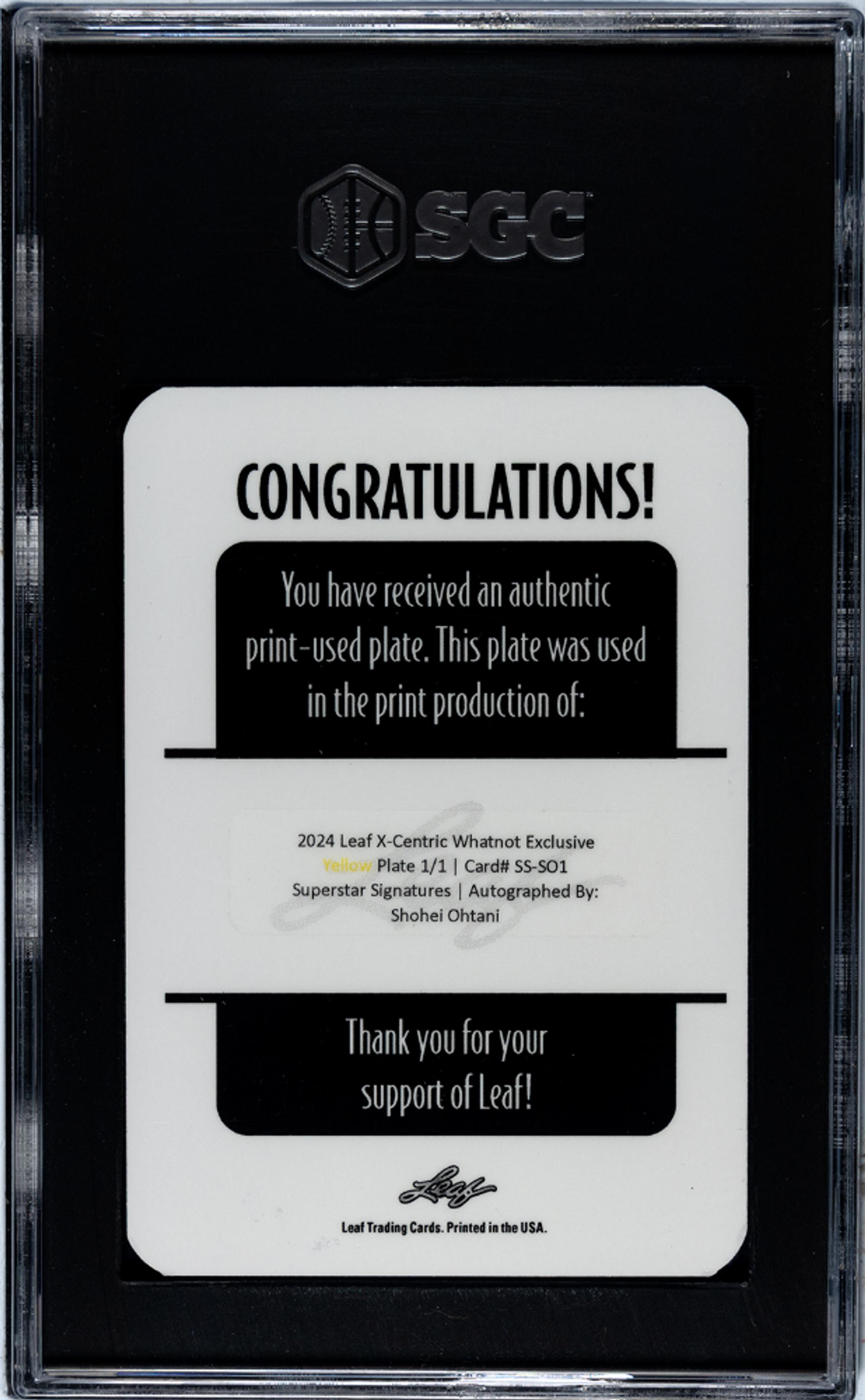A 2024 Leaf X-Centric Shohei Ohtani Superstar Signatures Signed Yellow Printing Plate 1/1 (SGC 10 AUTO)