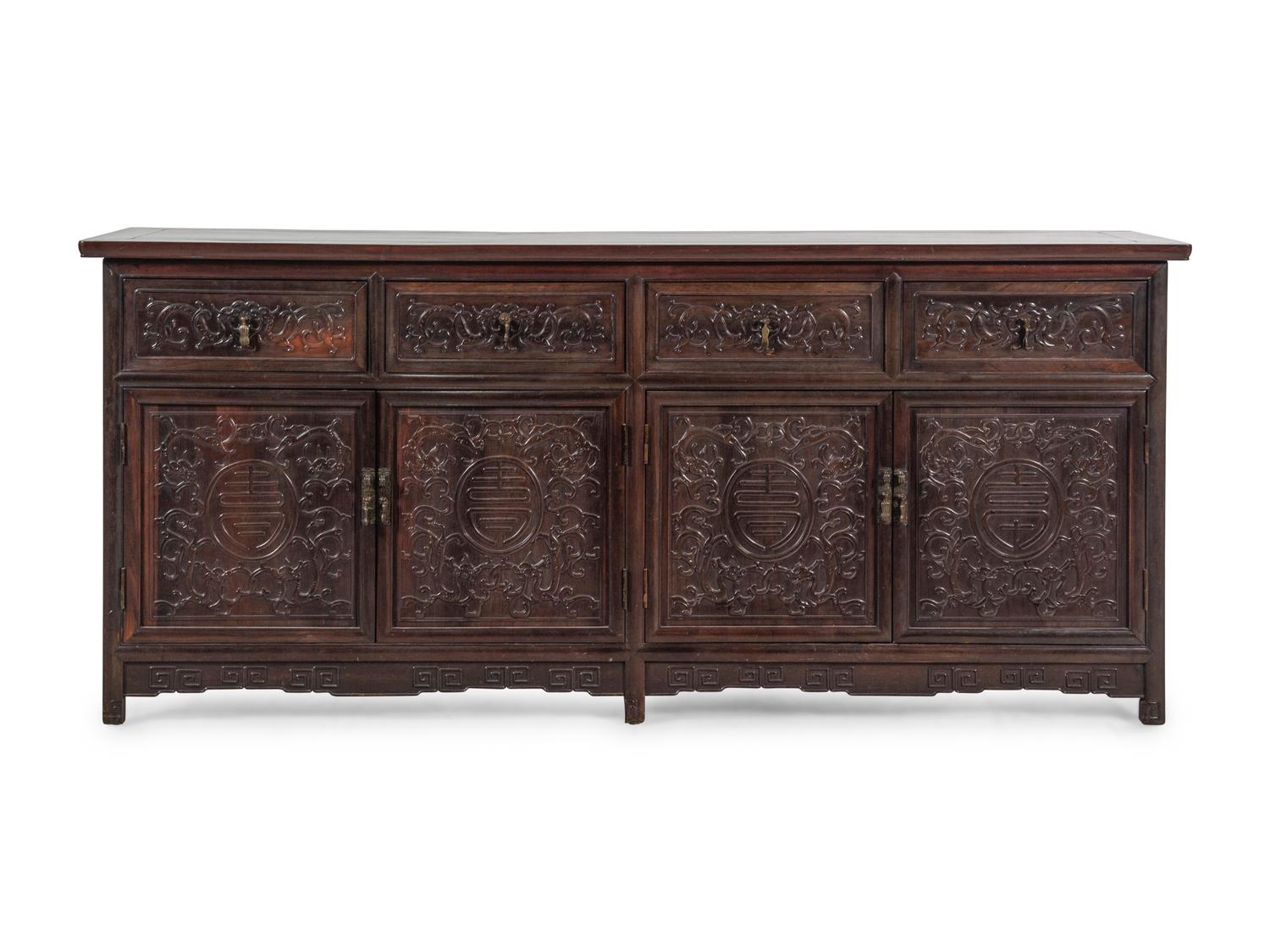 A Chinese Export Carved Hardwood Console Cabinet