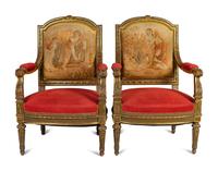 A Pair of Louis XVI Style Giltwood Fauteuils with Tapestry Upholstery