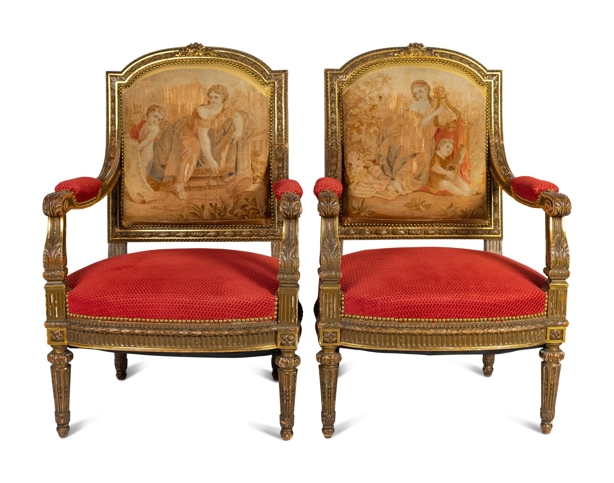 A Pair of Louis XVI Style Giltwood Fauteuils with Tapestry Upholstery