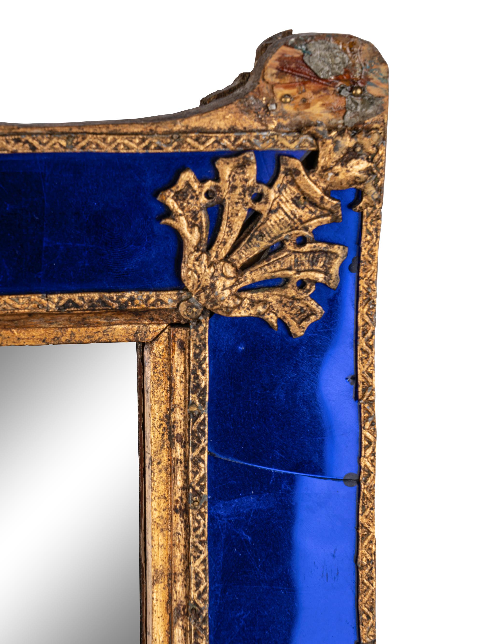 A Swedish Baroque Gilt Metal and Cobalt Glass Mirror