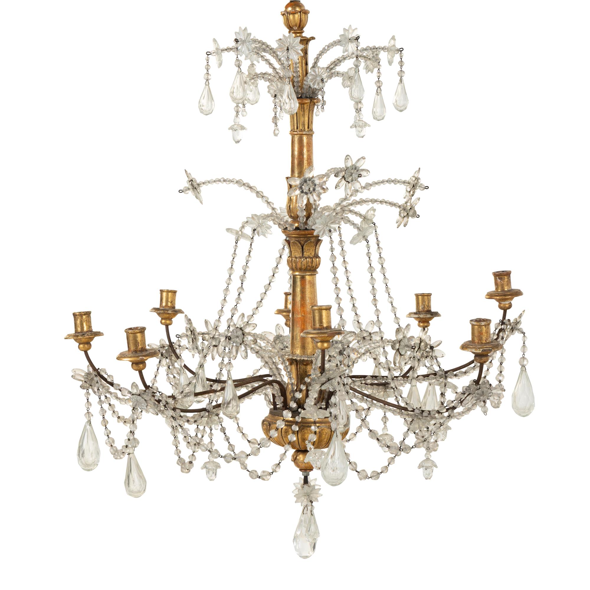 A Pair of Italian Giltwood and Cut-Glass Six-Light Chandeliers