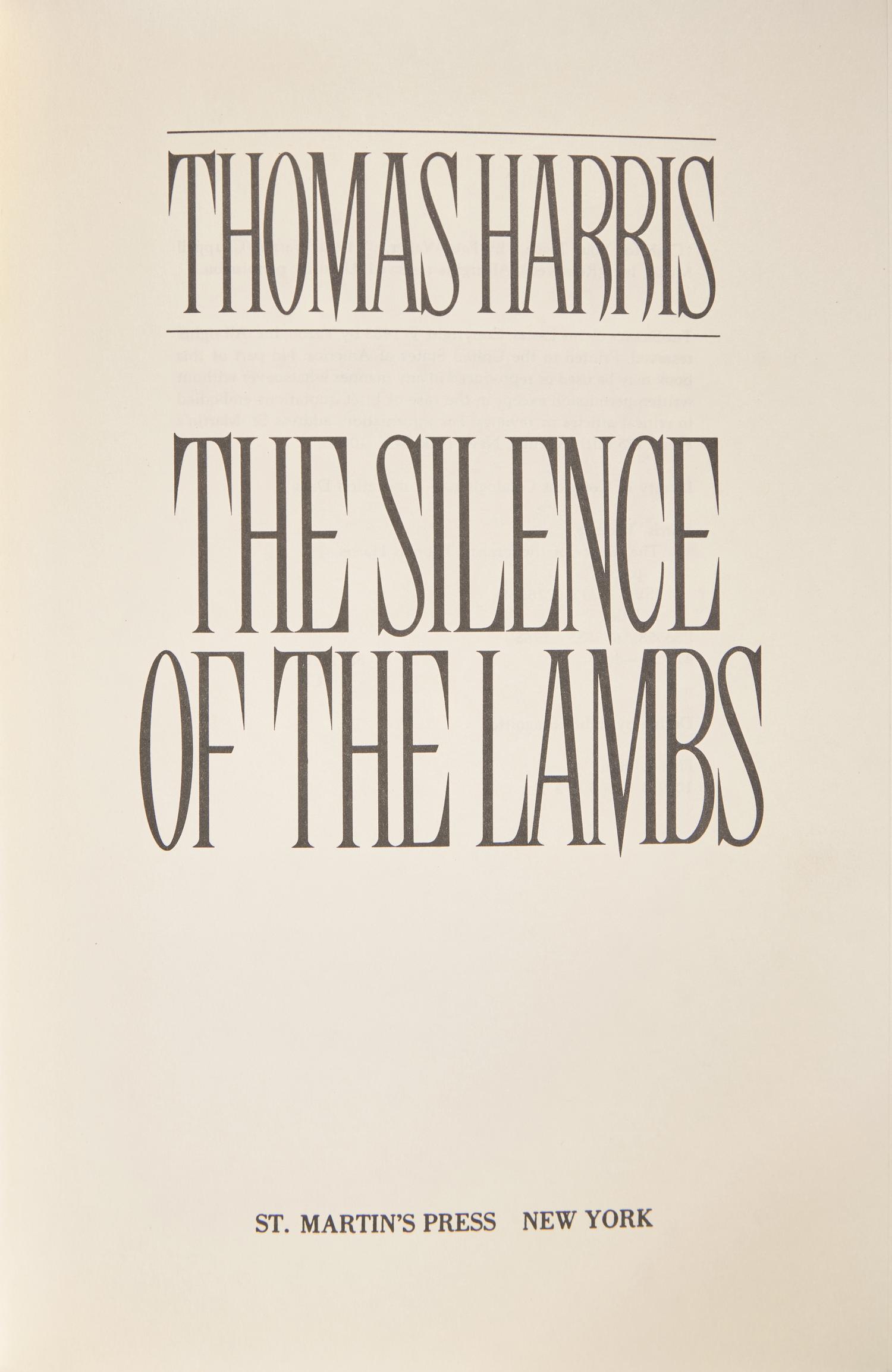 HARRIS, Thomas (b. 1940). The Silence of the Lambs . New York: St. Martin's Press, (1988).