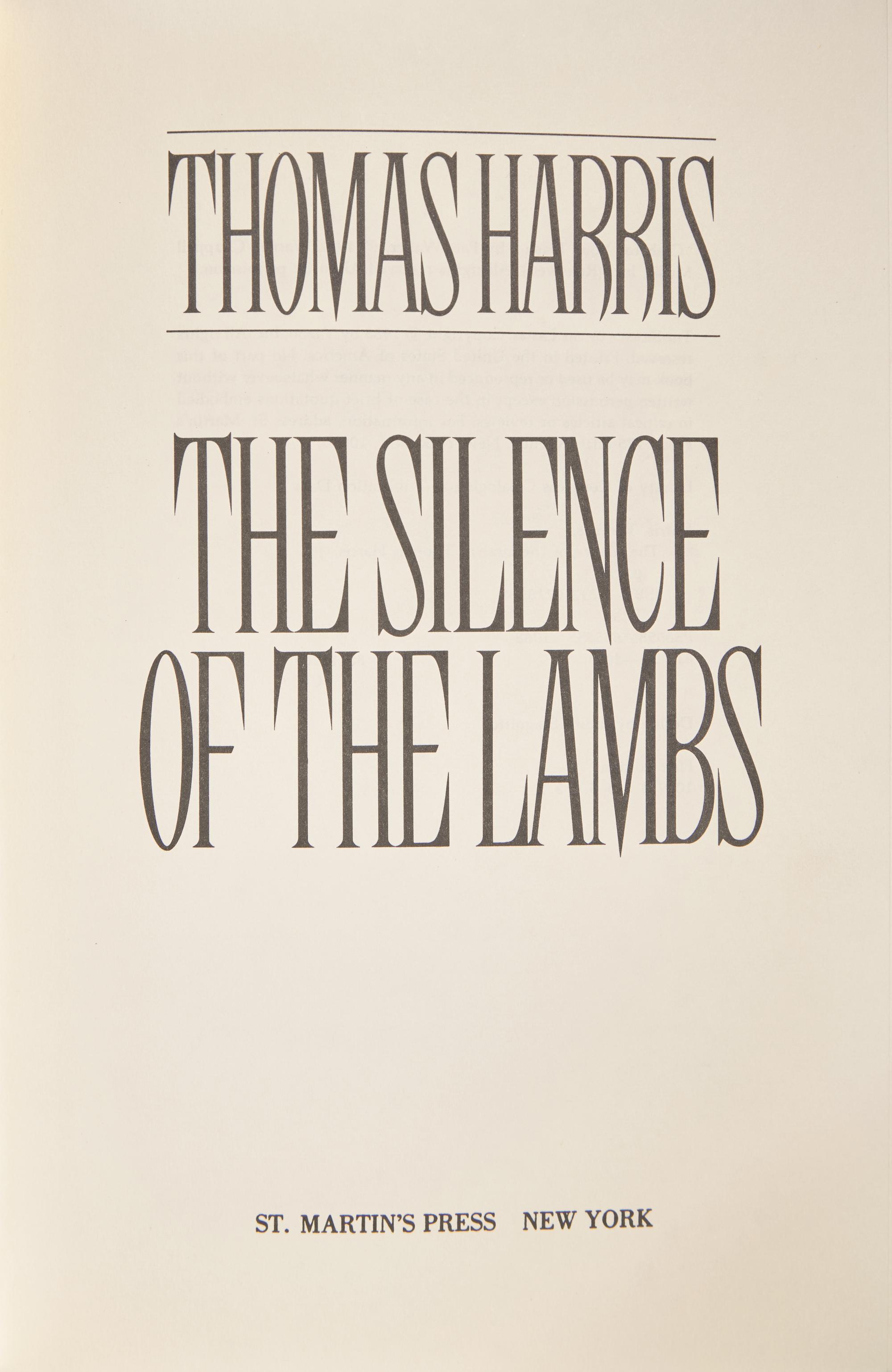 HARRIS, Thomas (b. 1940). The Silence of the Lambs . New York: St. Martin's Press, (1988).