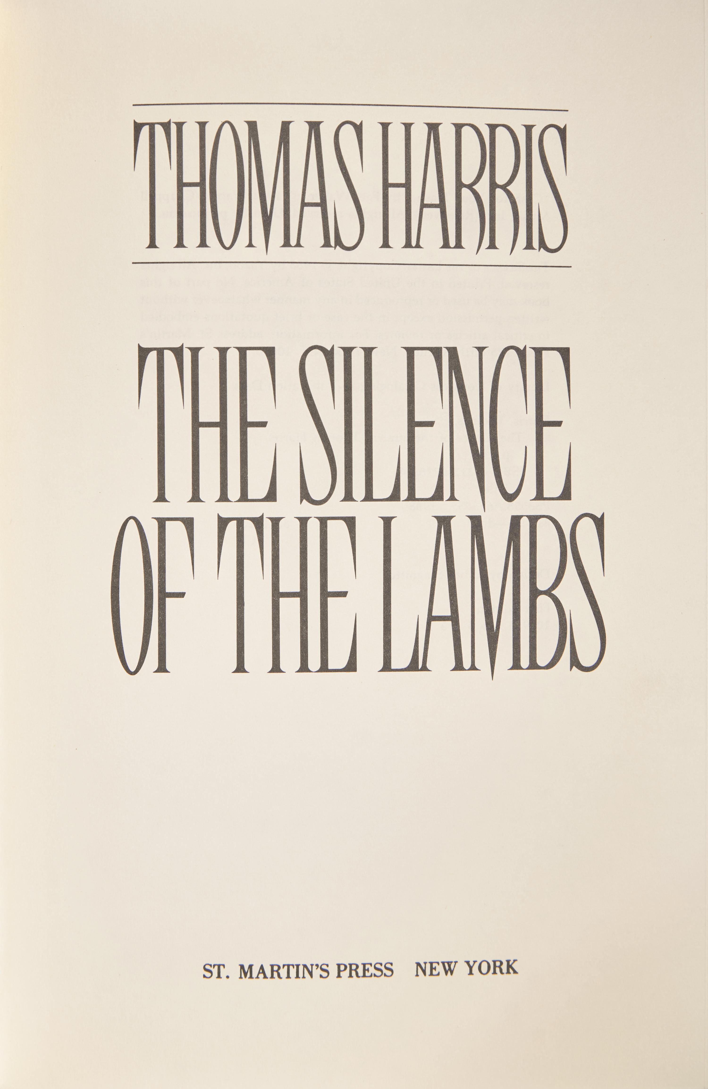 HARRIS, Thomas (b. 1940). The Silence of the Lambs . New York: St. Martin's Press, (1988).