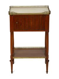 A Louis Philippe Mahogany Marble Top Side Table with Tambour Door
