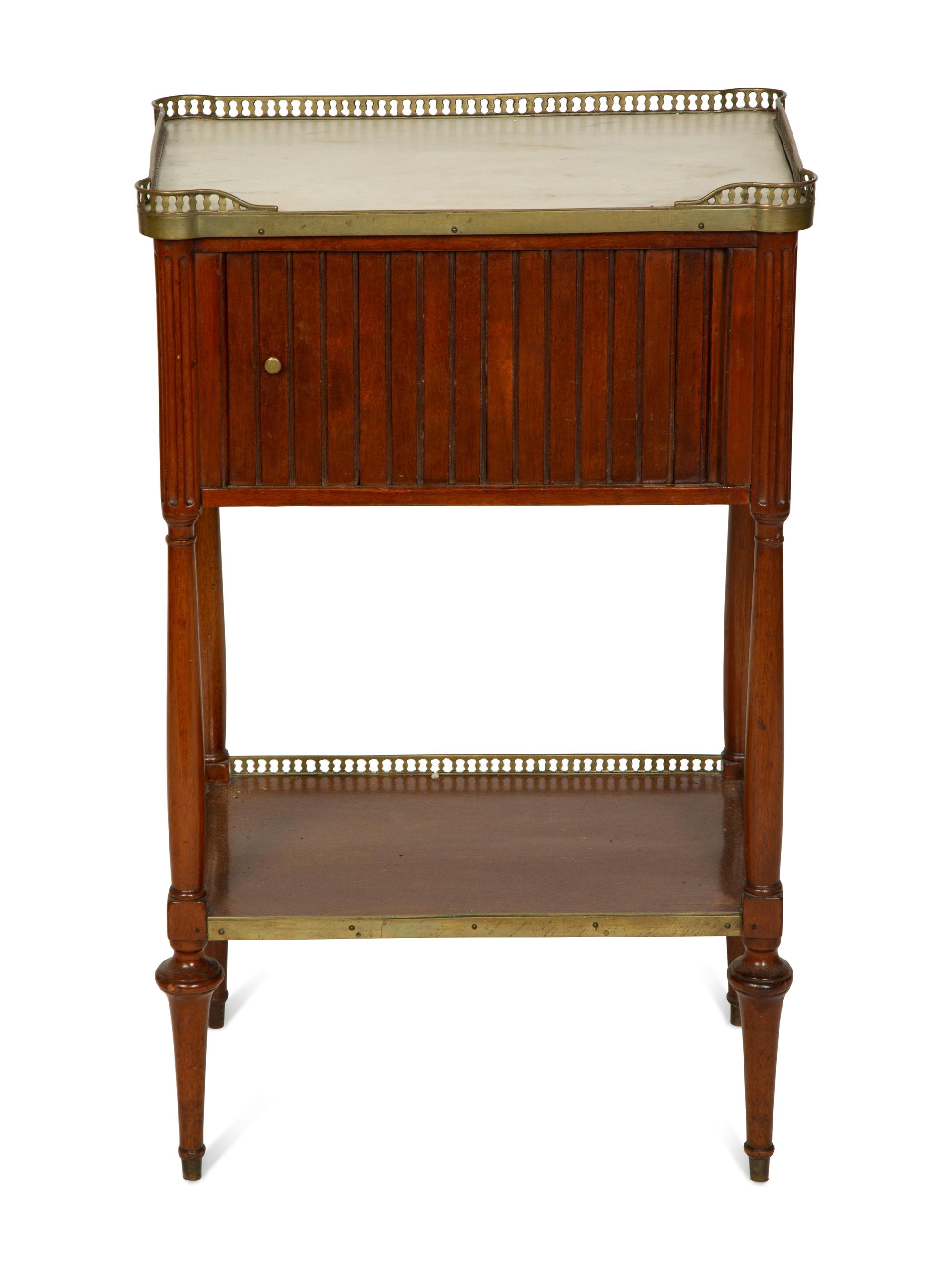 A Louis Philippe Mahogany Marble Top Side Table with Tambour Door
