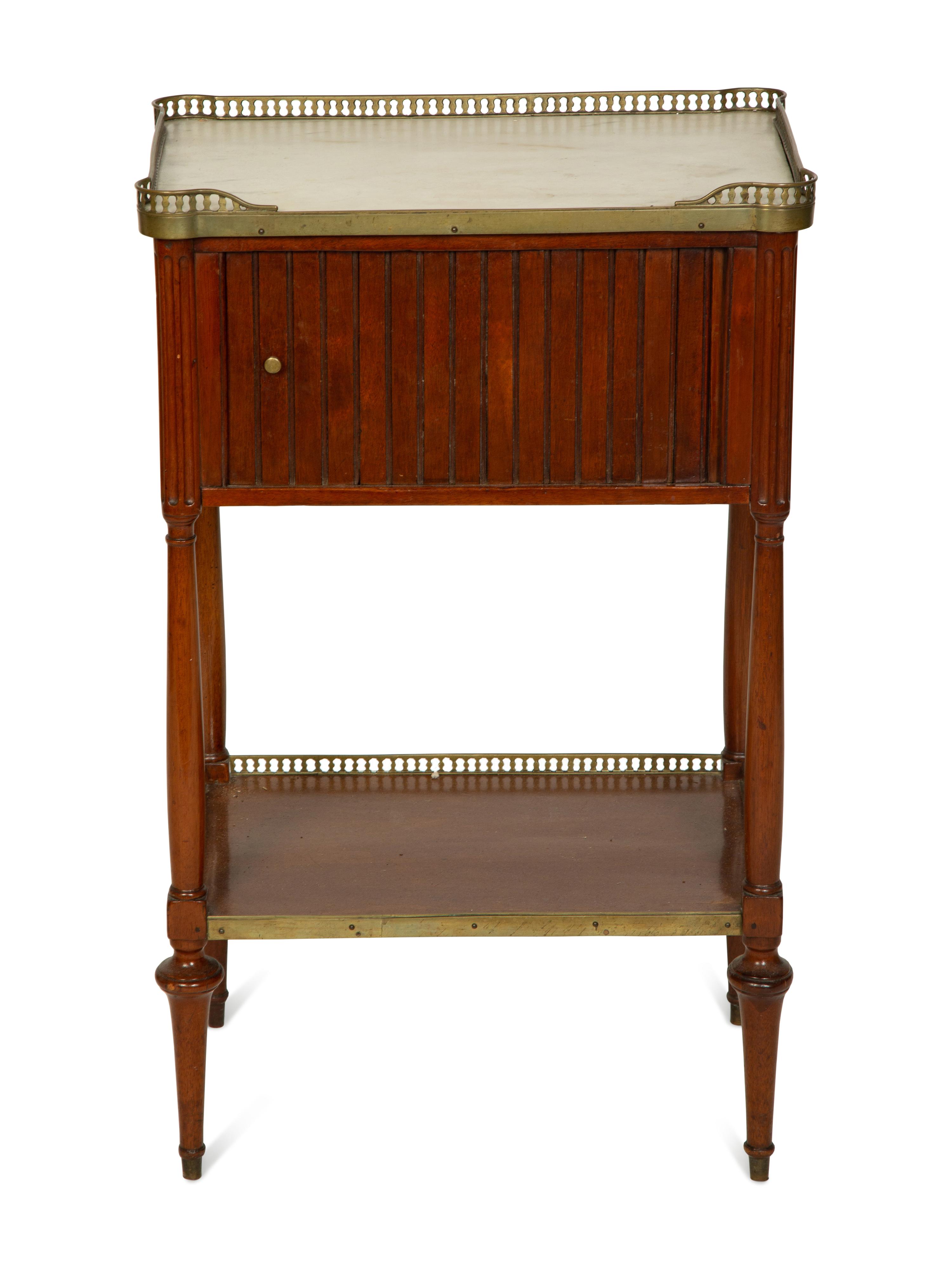 A Louis Philippe Mahogany Marble Top Side Table with Tambour Door