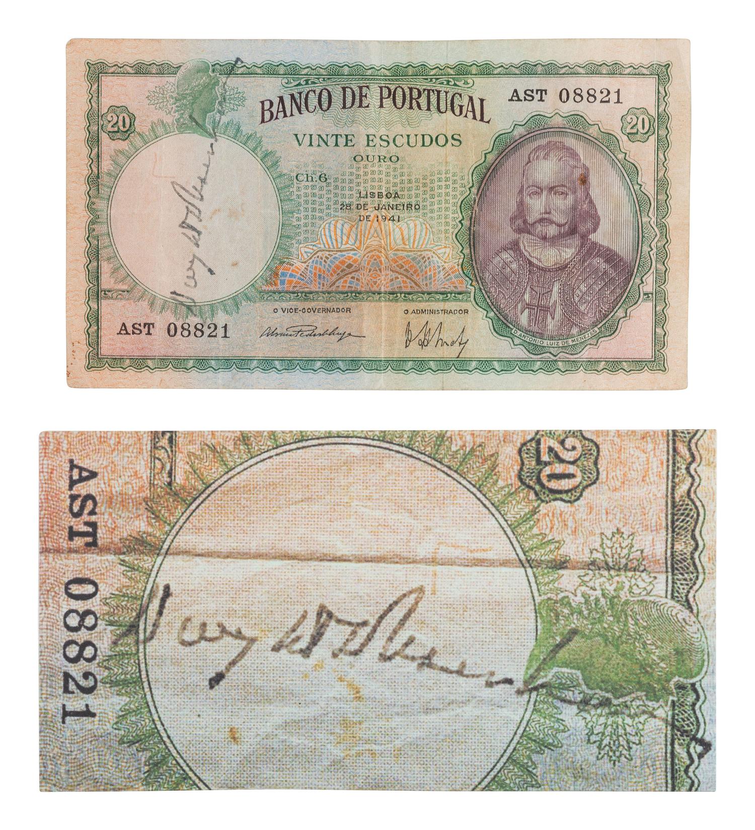 [EISENHOWER, DWIGHT D. (1890-1969)]. Autograph on Portuguese bank note obtained by WWII Veteran.