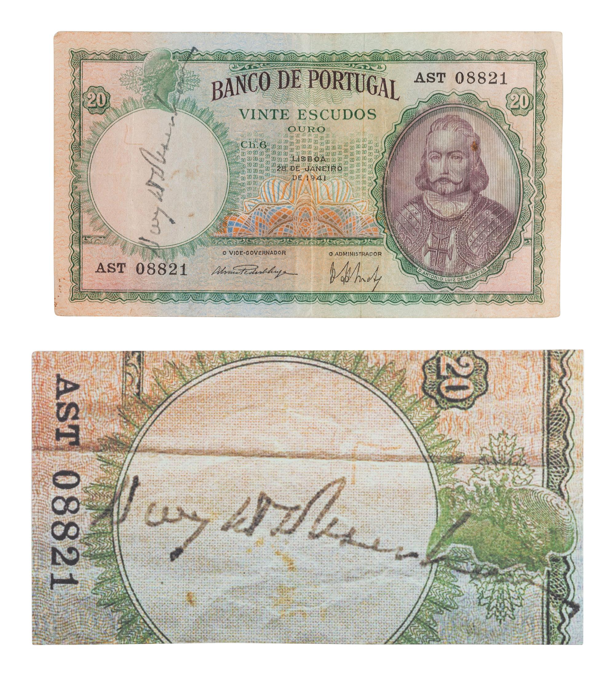 [EISENHOWER, DWIGHT D. (1890-1969)]. Autograph on Portuguese bank note obtained by WWII Veteran.