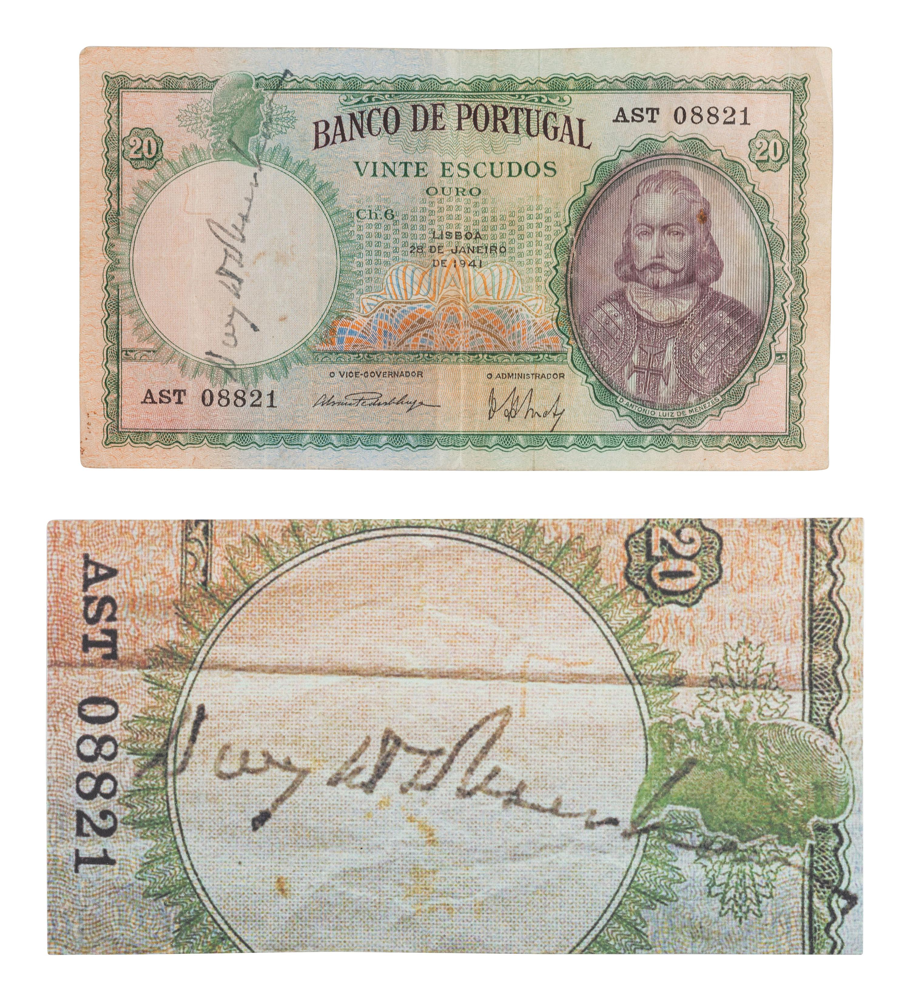 [EISENHOWER, DWIGHT D. (1890-1969)]. Autograph on Portuguese bank note obtained by WWII Veteran.