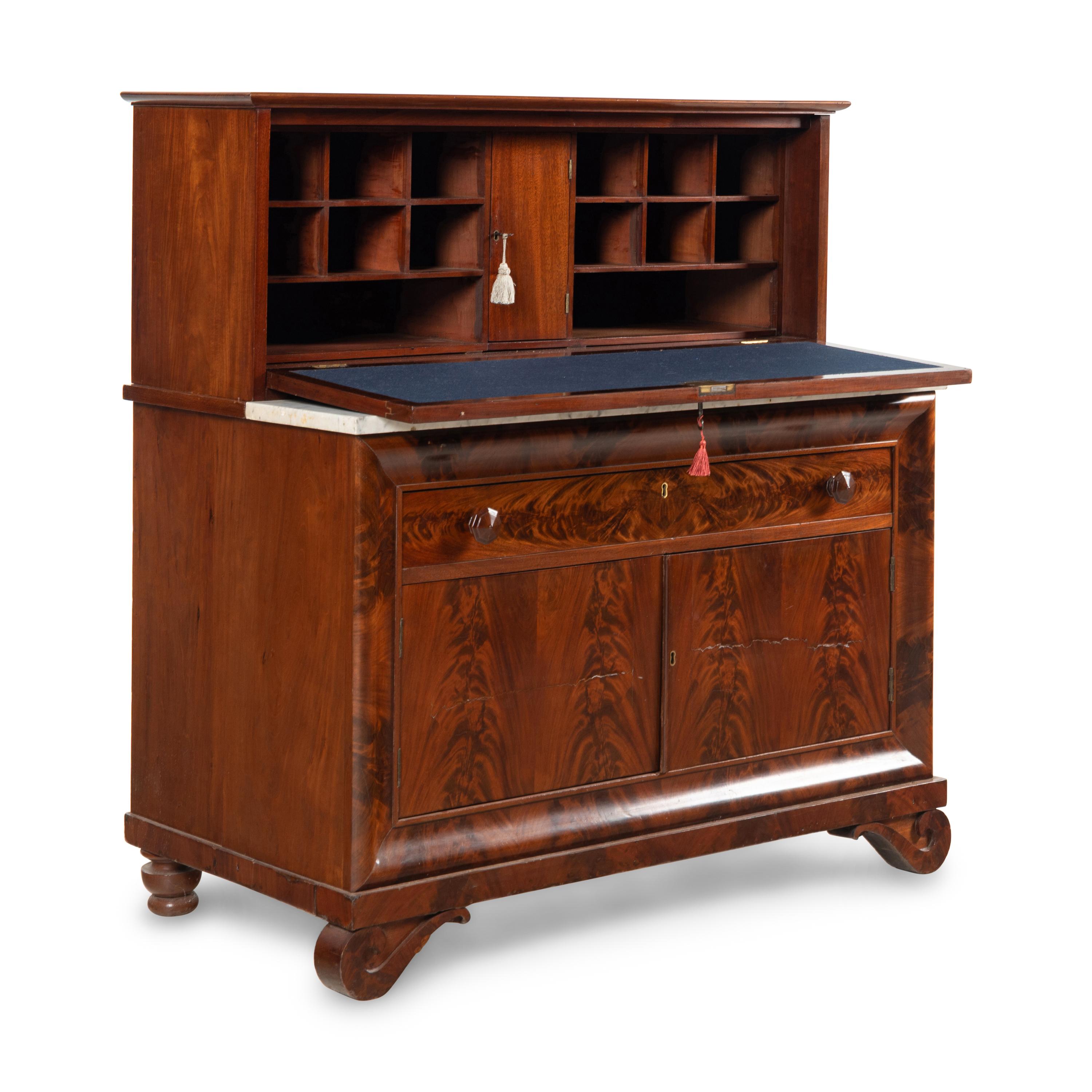 A Classical Mahogany and Marble-Top Fall-Front Bureau Cabinet