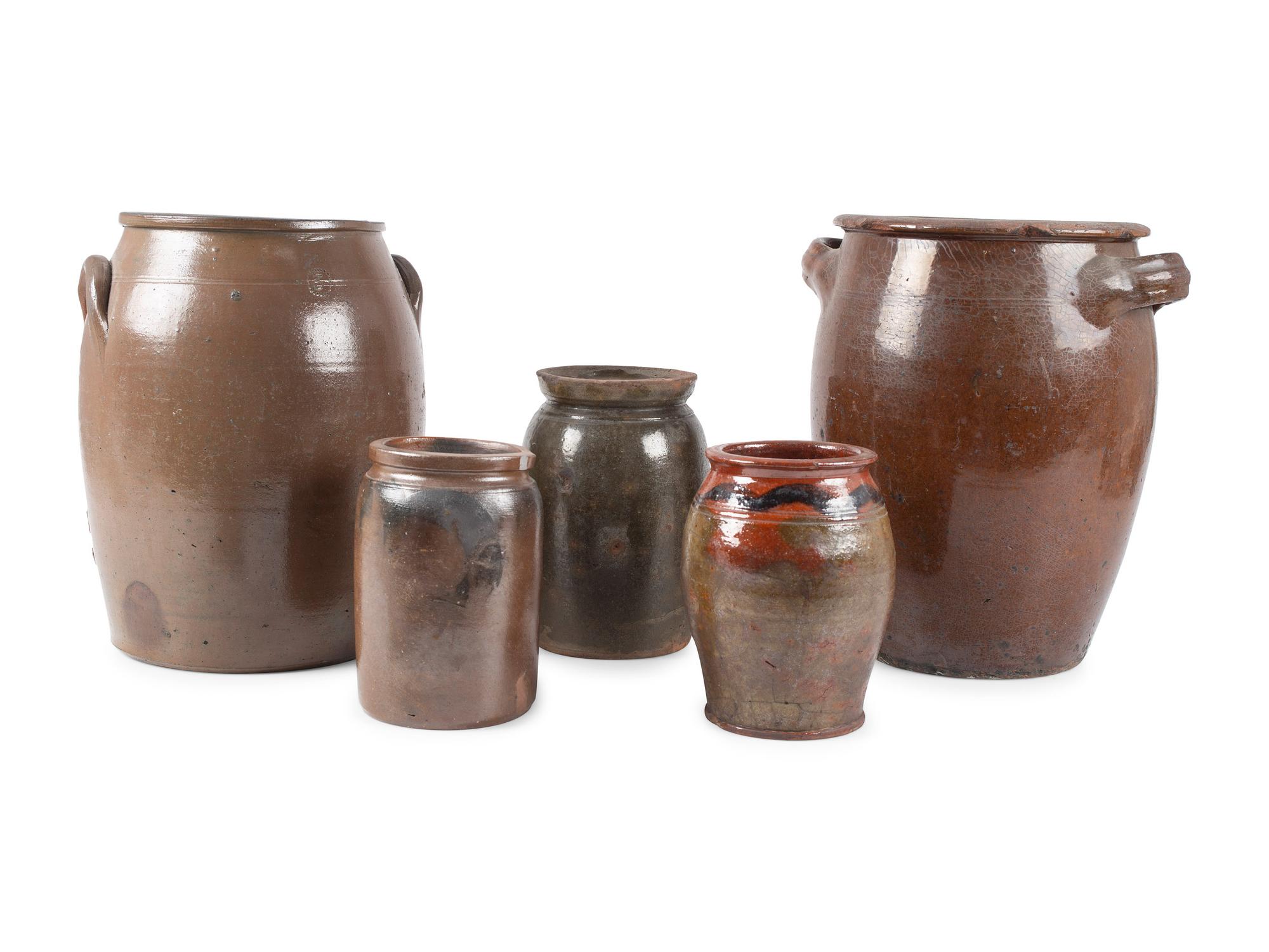 Five Redware Crocks