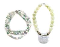 A Collection of Jade, Cultured Pearl, Blue Chalcedony and Hardstone Bead Necklaces,
