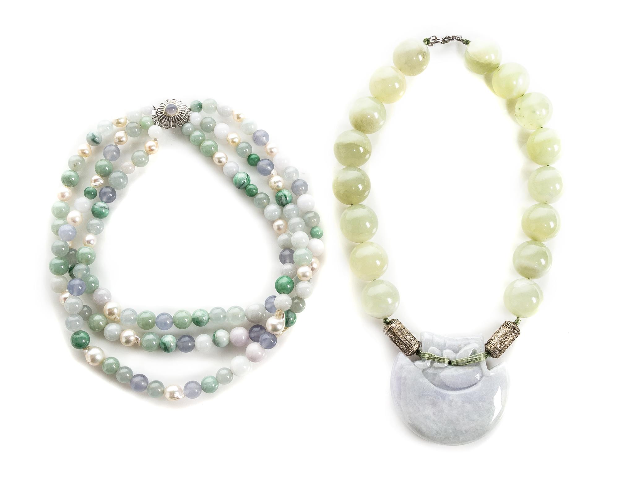 A Collection of Jade, Cultured Pearl, Blue Chalcedony and Hardstone Bead Necklaces,