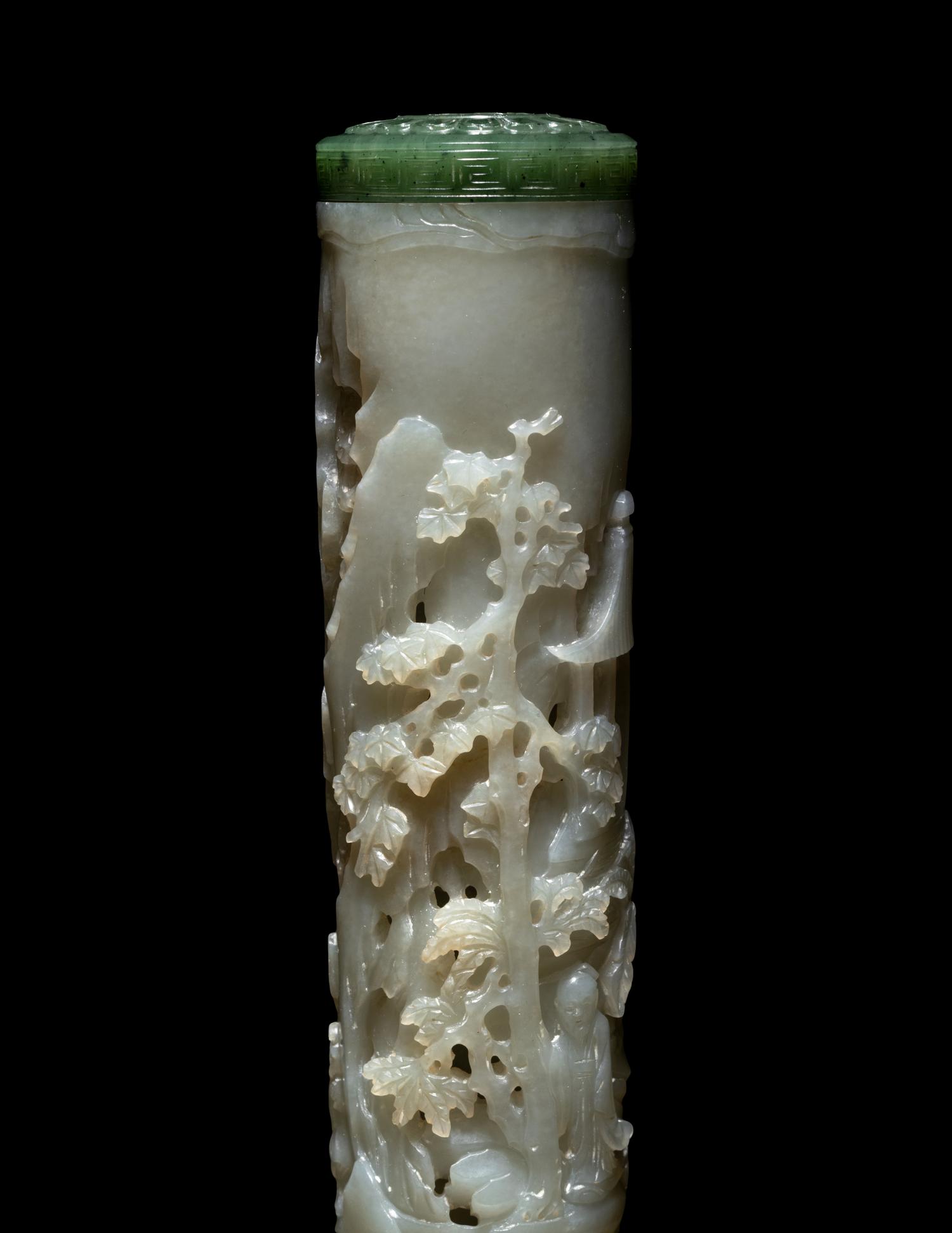 A Pair of Carved Celadon Jade Cylindrical Parfumiers