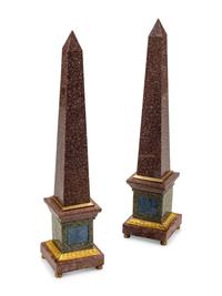 A Pair of Continental Gilt Bronze Mounted Hardstone and Marble Obelisks