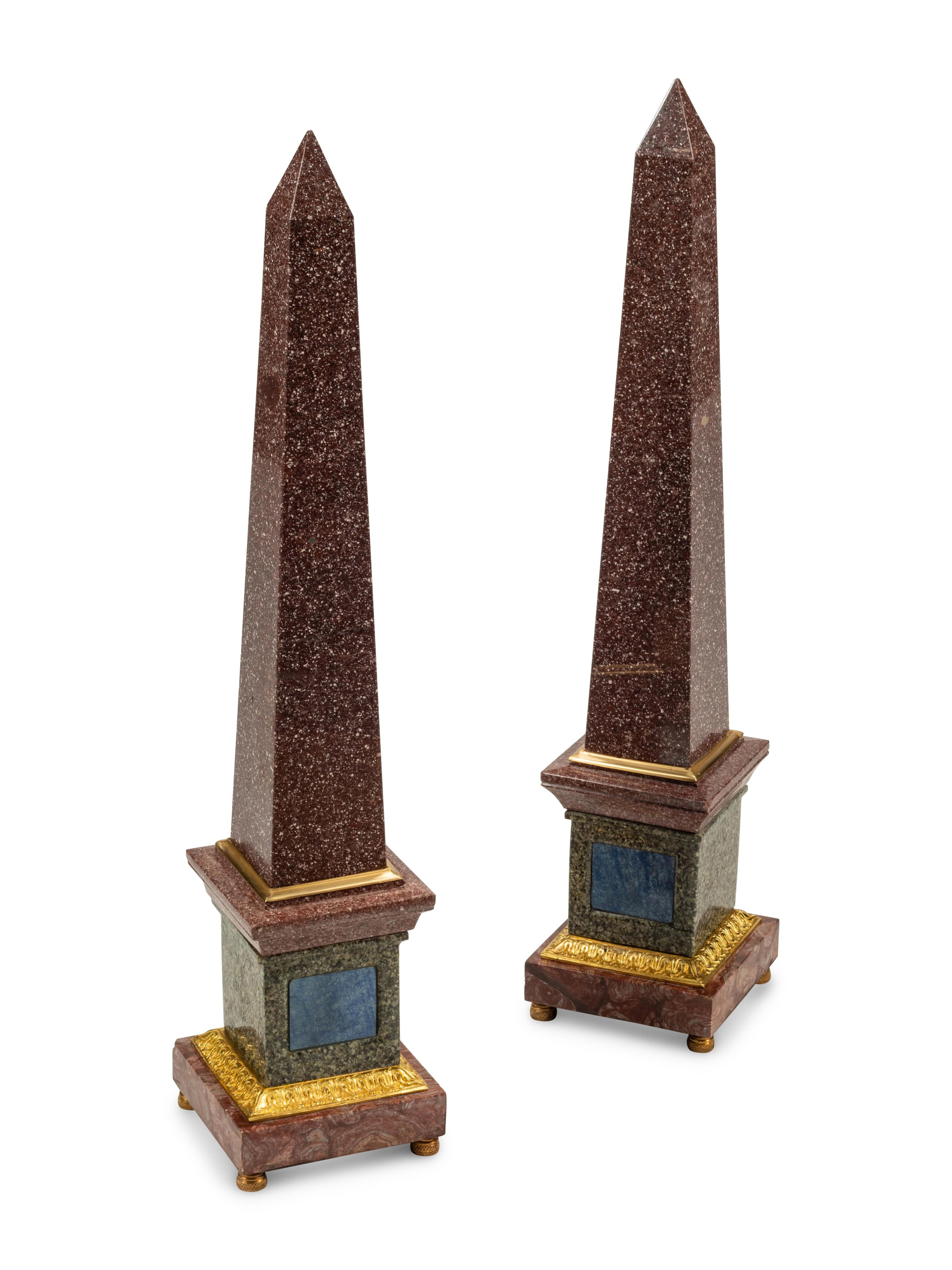 A Pair of Continental Gilt Bronze Mounted Hardstone and Marble Obelisks