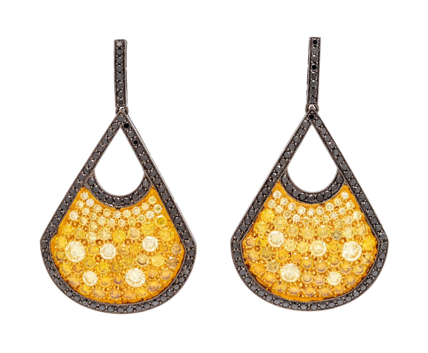 A Pair of Yellow Gold, Black Rhodium, Colored Diamond and Black Diamond Earrings, 8.00 dwts.