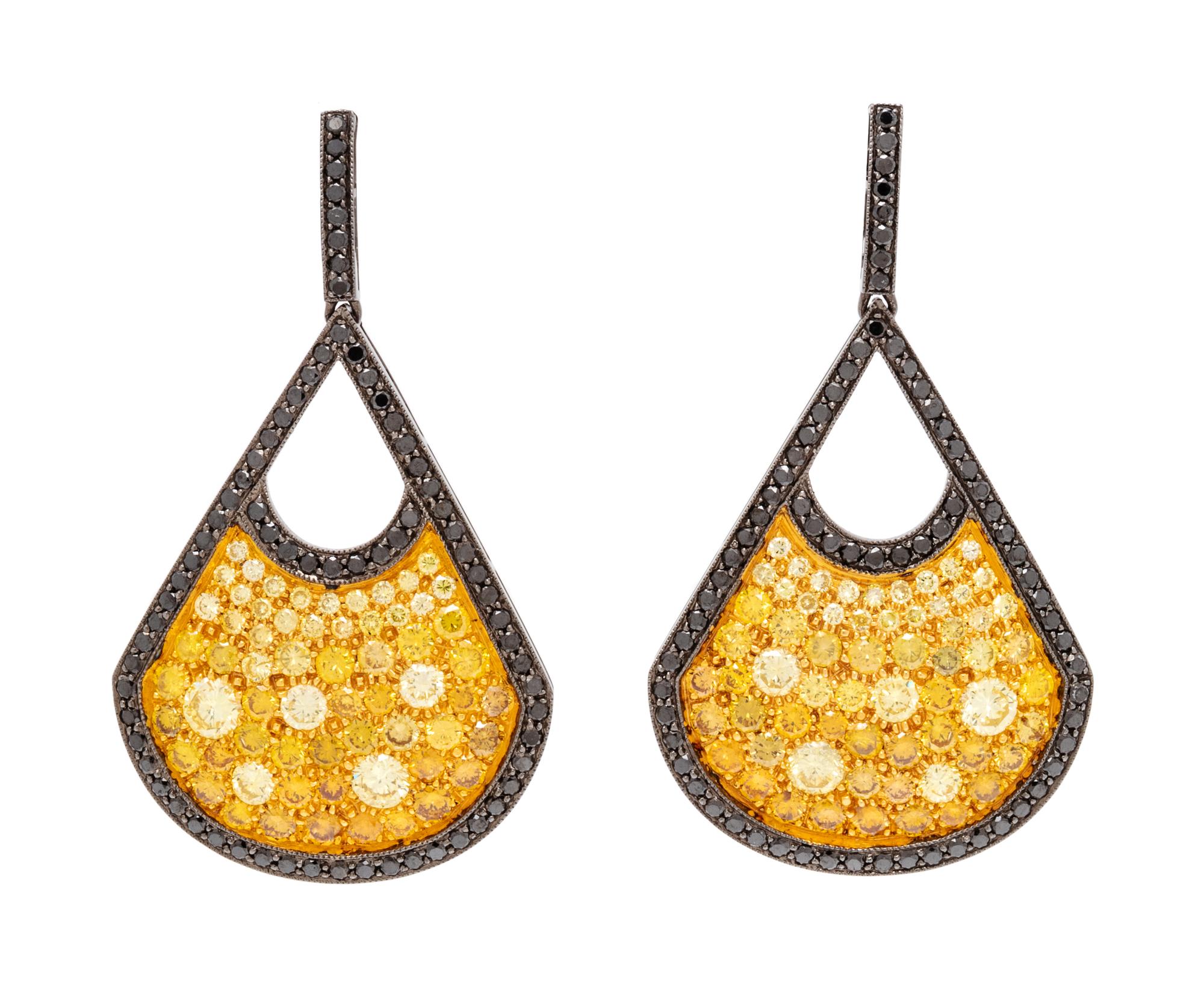 A Pair of Yellow Gold, Black Rhodium, Colored Diamond and Black Diamond Earrings, 8.00 dwts.