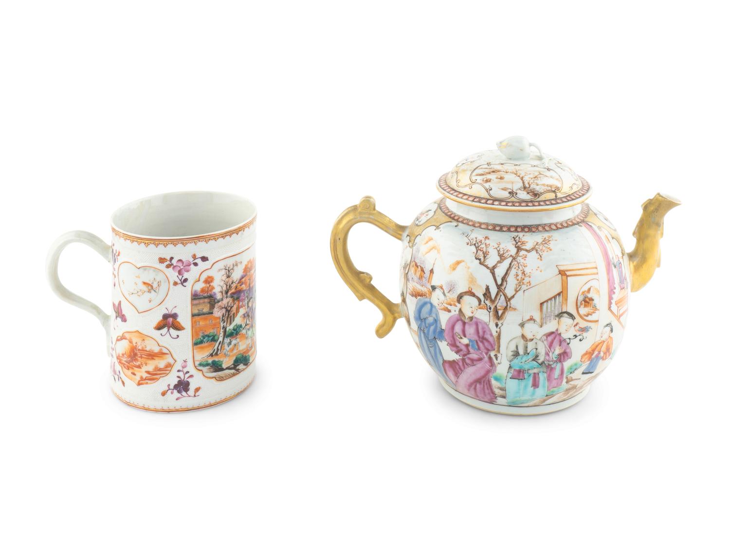 A Large Chinese Export Porcelain Teapot and a Similarly Decorated Export Porcelain Mug