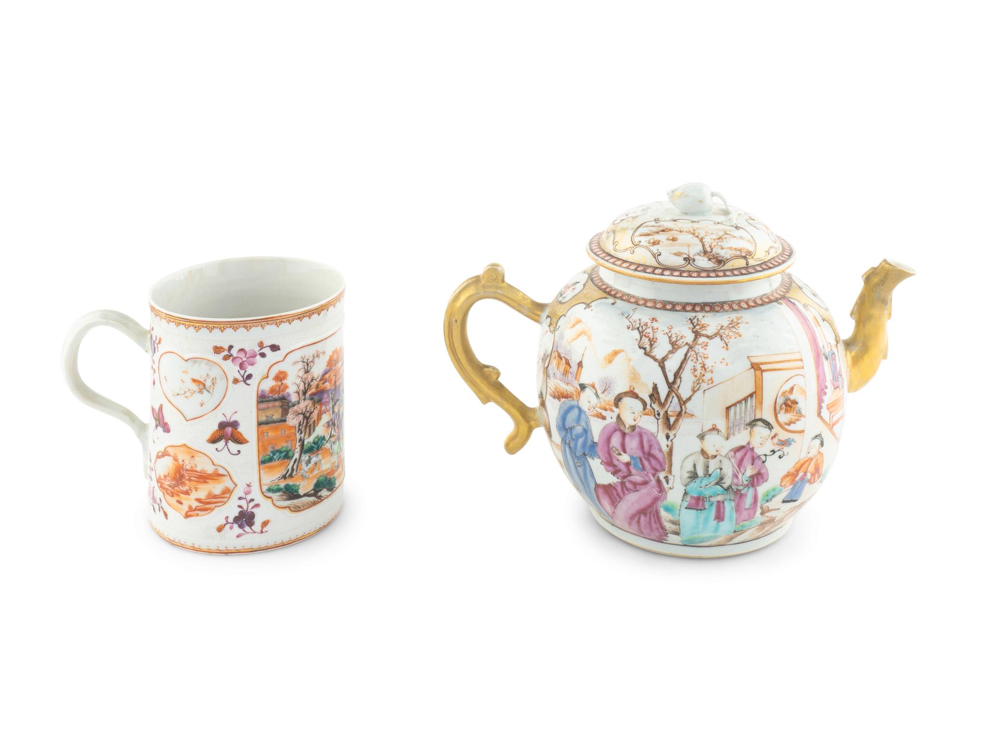 A Large Chinese Export Porcelain Teapot and a Similarly Decorated Export Porcelain Mug