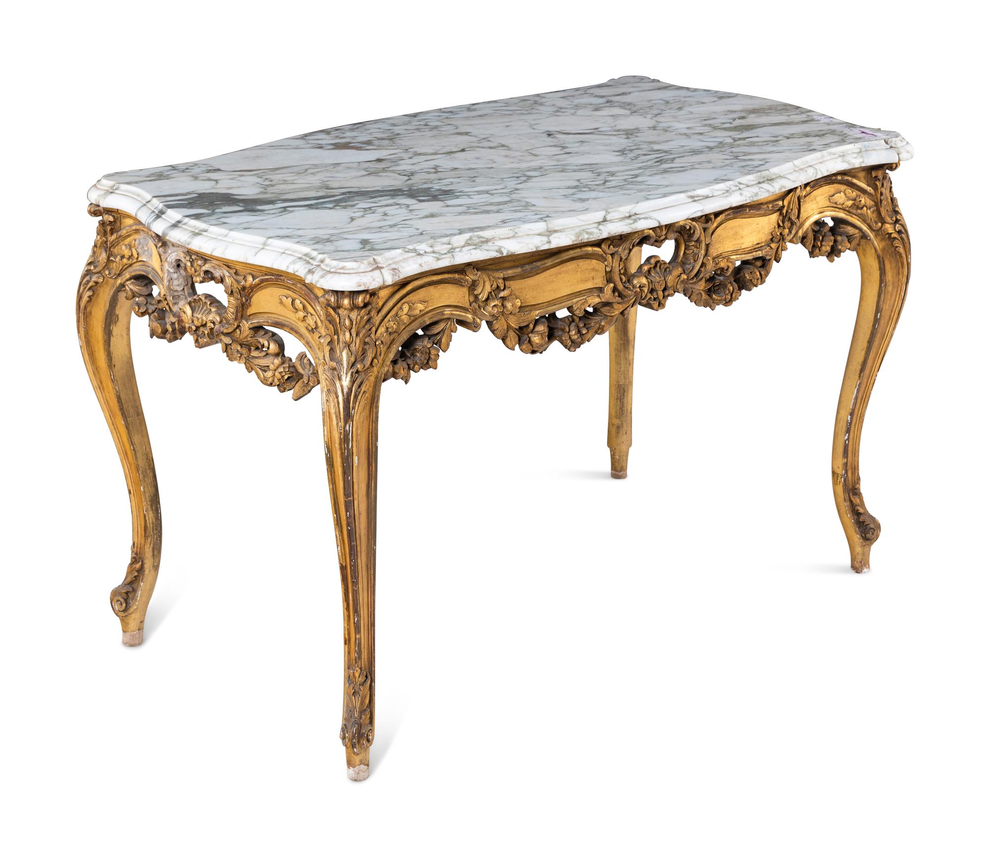 A Louis XV Style Giltwood Marble-Top Table