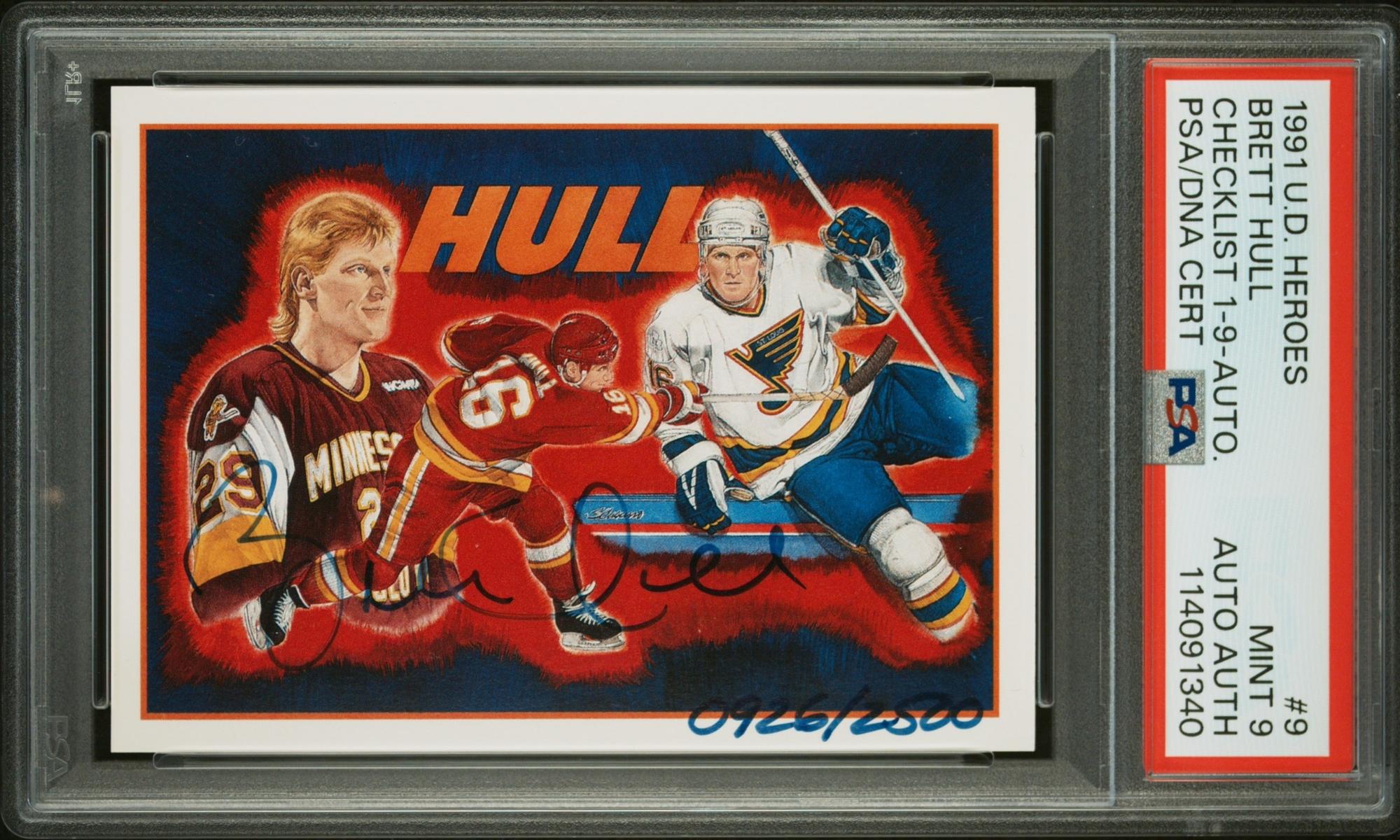 A 1991 Upper Deck Brett Hull Signed Autograph Hockey Heroes Card No. 9 (926/2,500) PSA 9 MINT