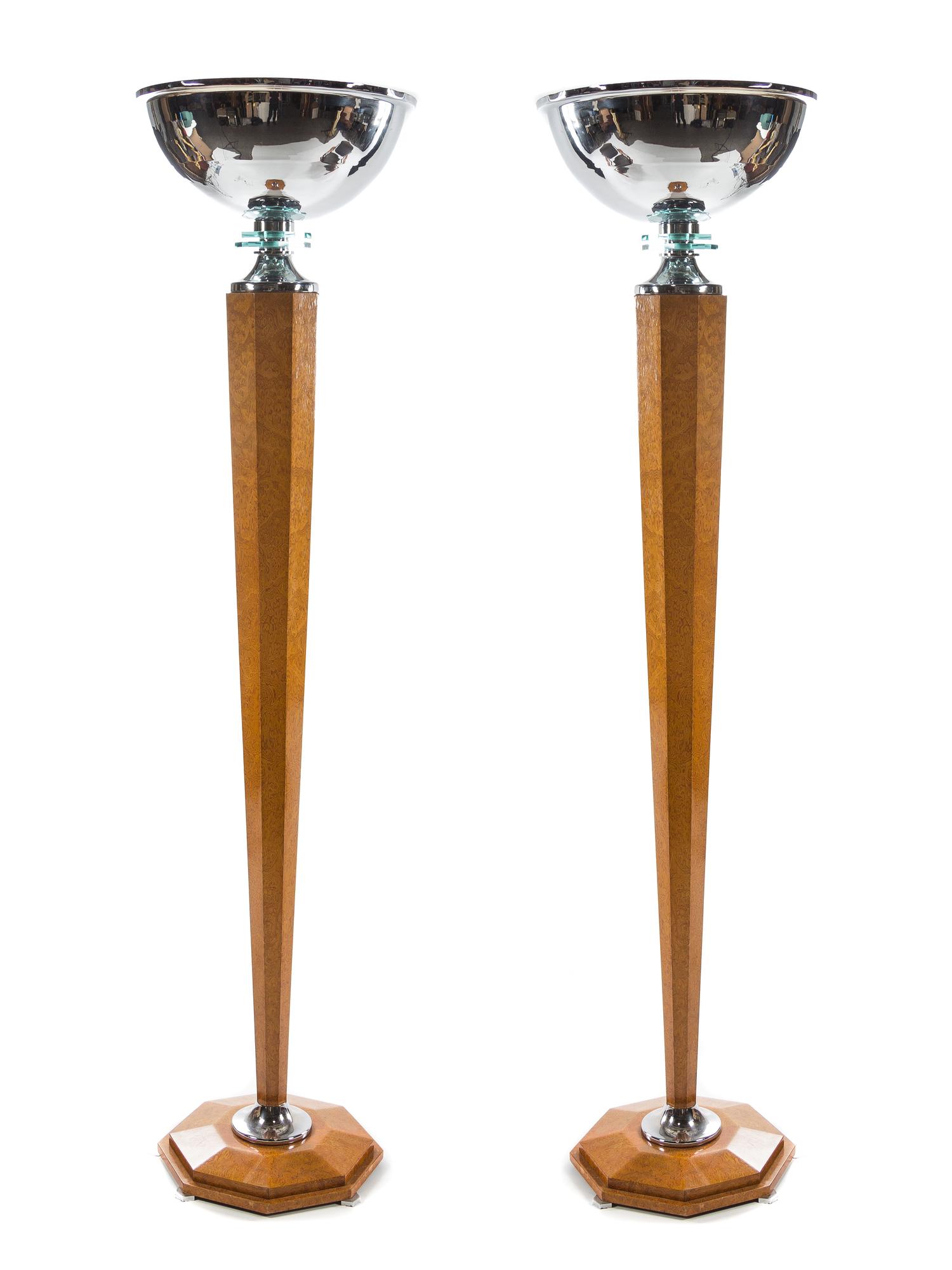 A Pair of Tall Art Deco Maple, Chromed Metal and Glass Torchiers