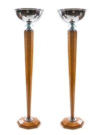 A Pair of Tall Art Deco Maple, Chromed Metal and Glass Torchiers