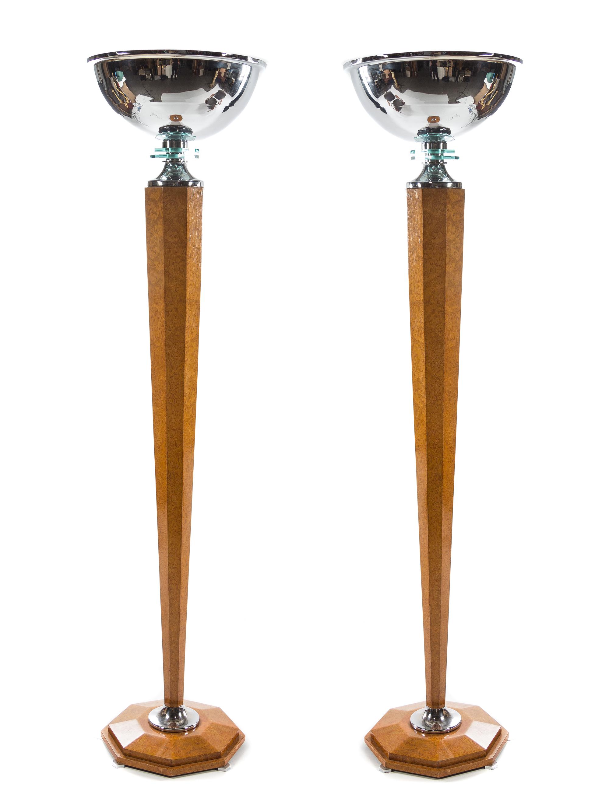 A Pair of Tall Art Deco Maple, Chromed Metal and Glass Torchiers