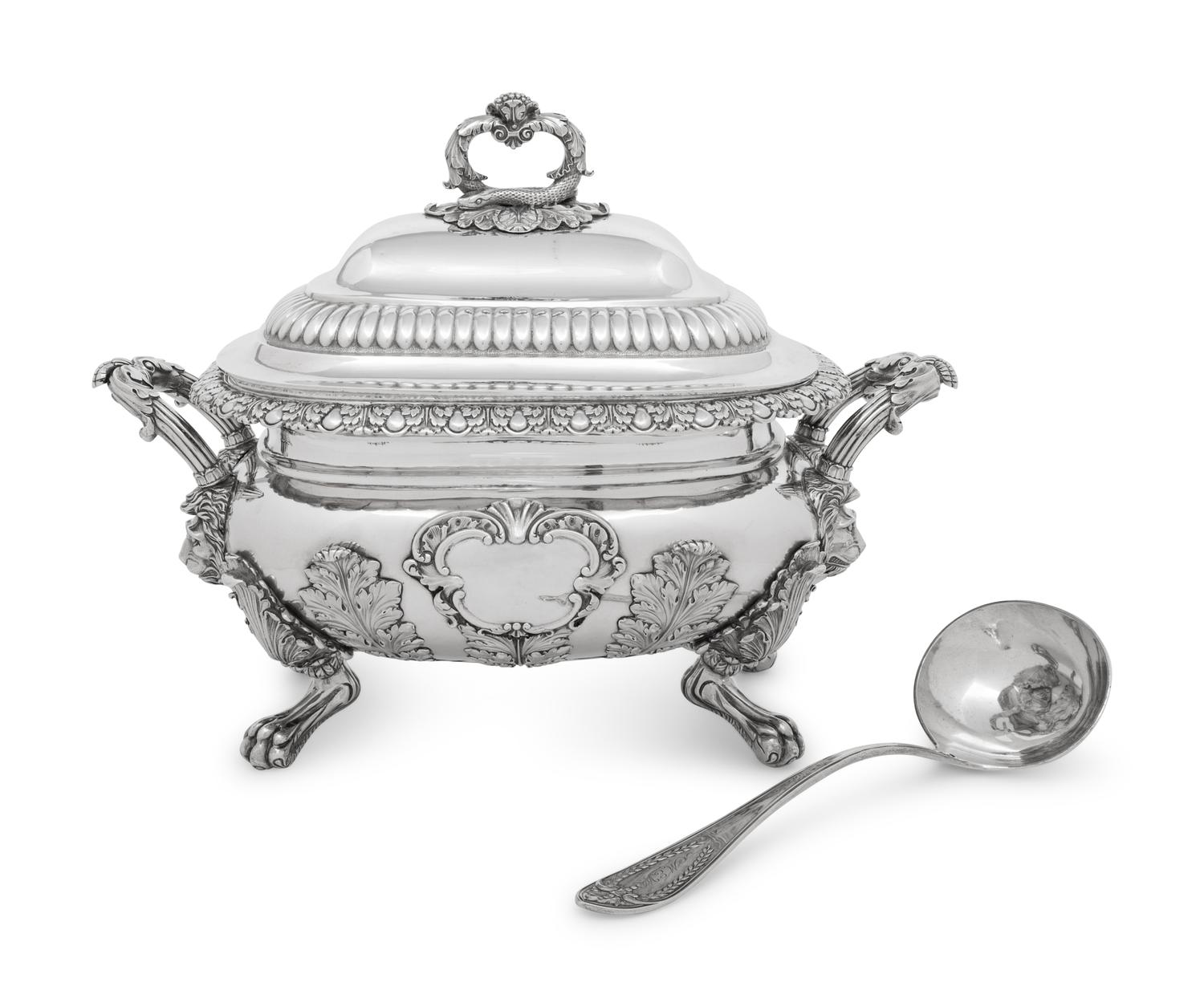 A William IV Silver Tureen with Cover and an American Coin Silver Soup Ladle