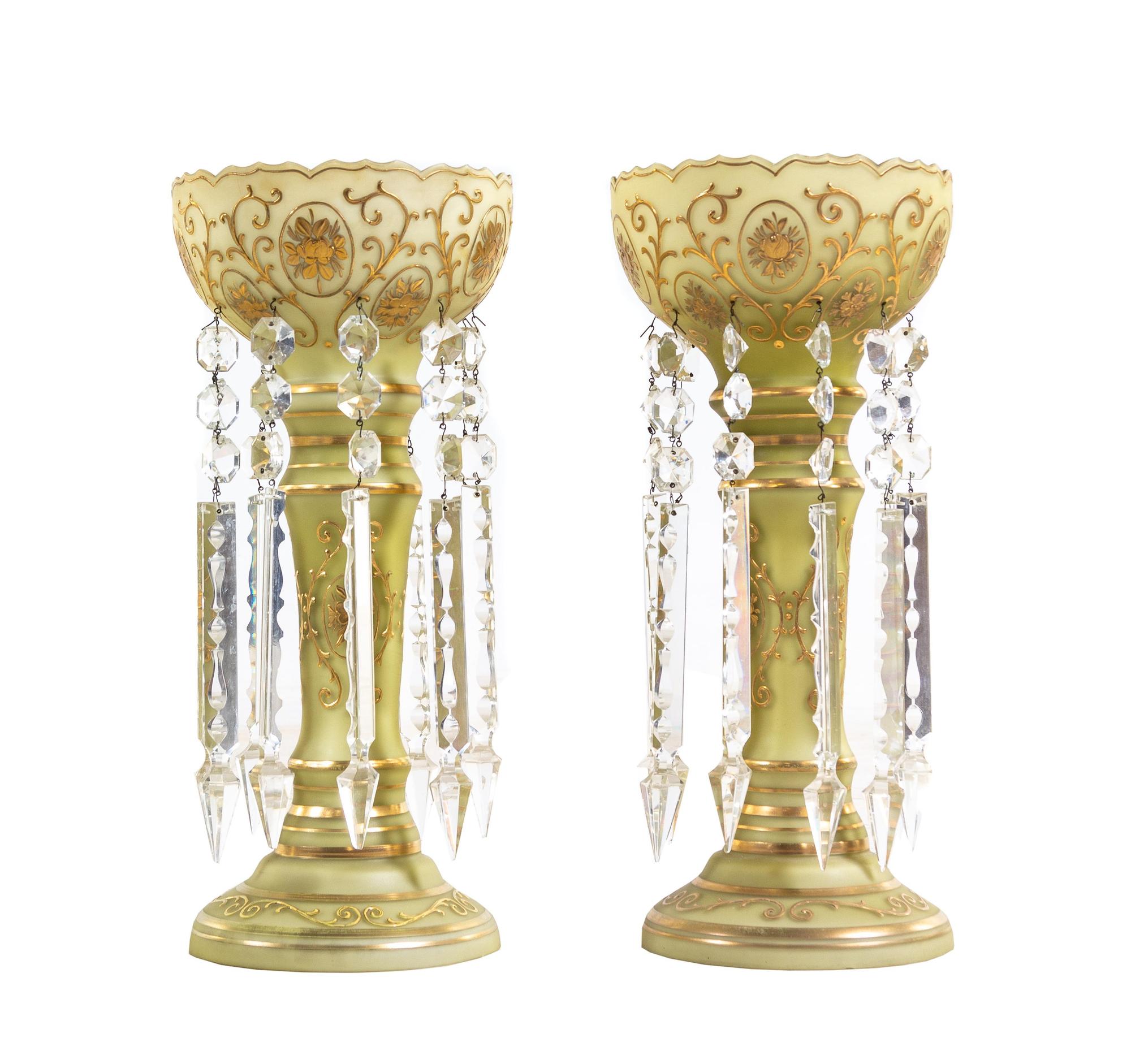 A Pair of Victorian Gilt Decorated Glass Girandoles