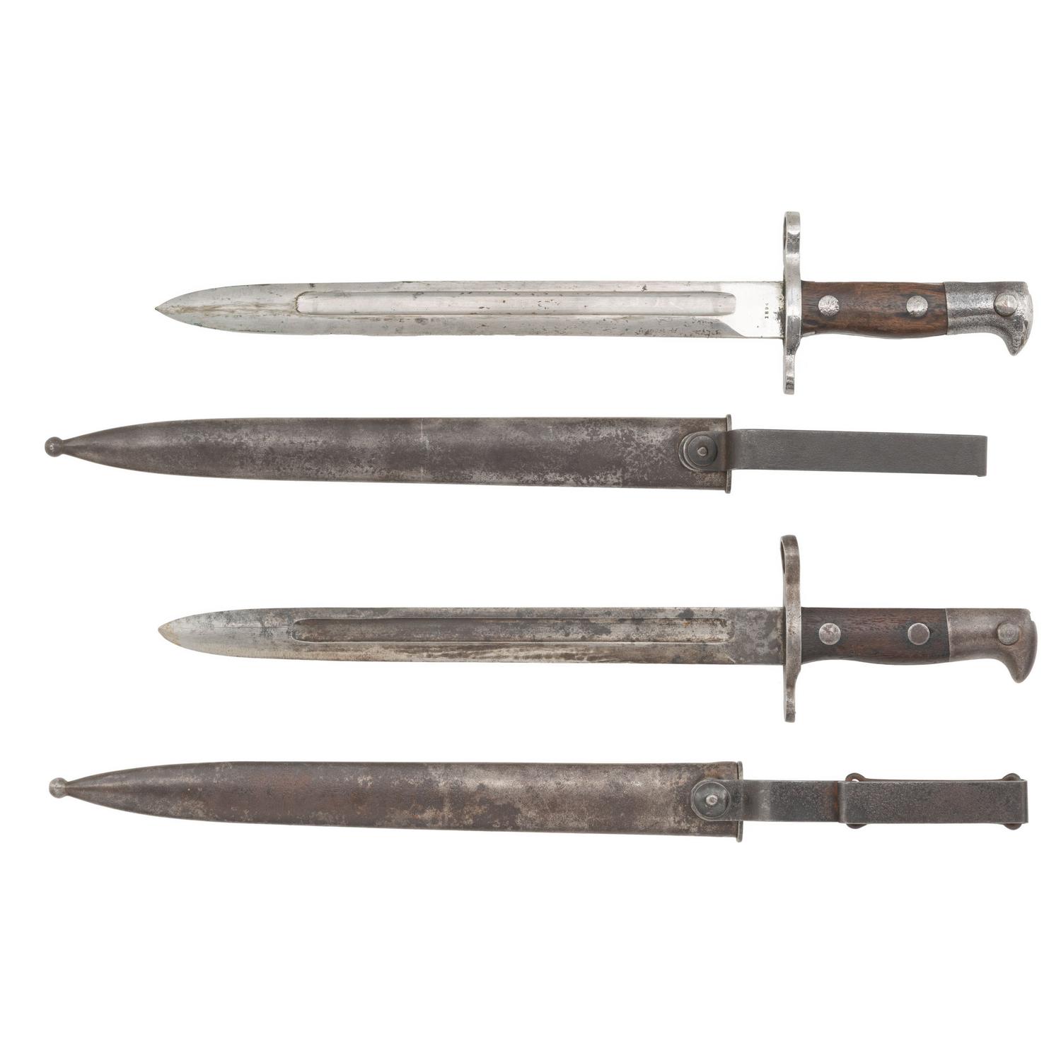 Two 1894 Dated US Model 1892 Krag Rifle Bayonets with Type I and Type II Scabbards