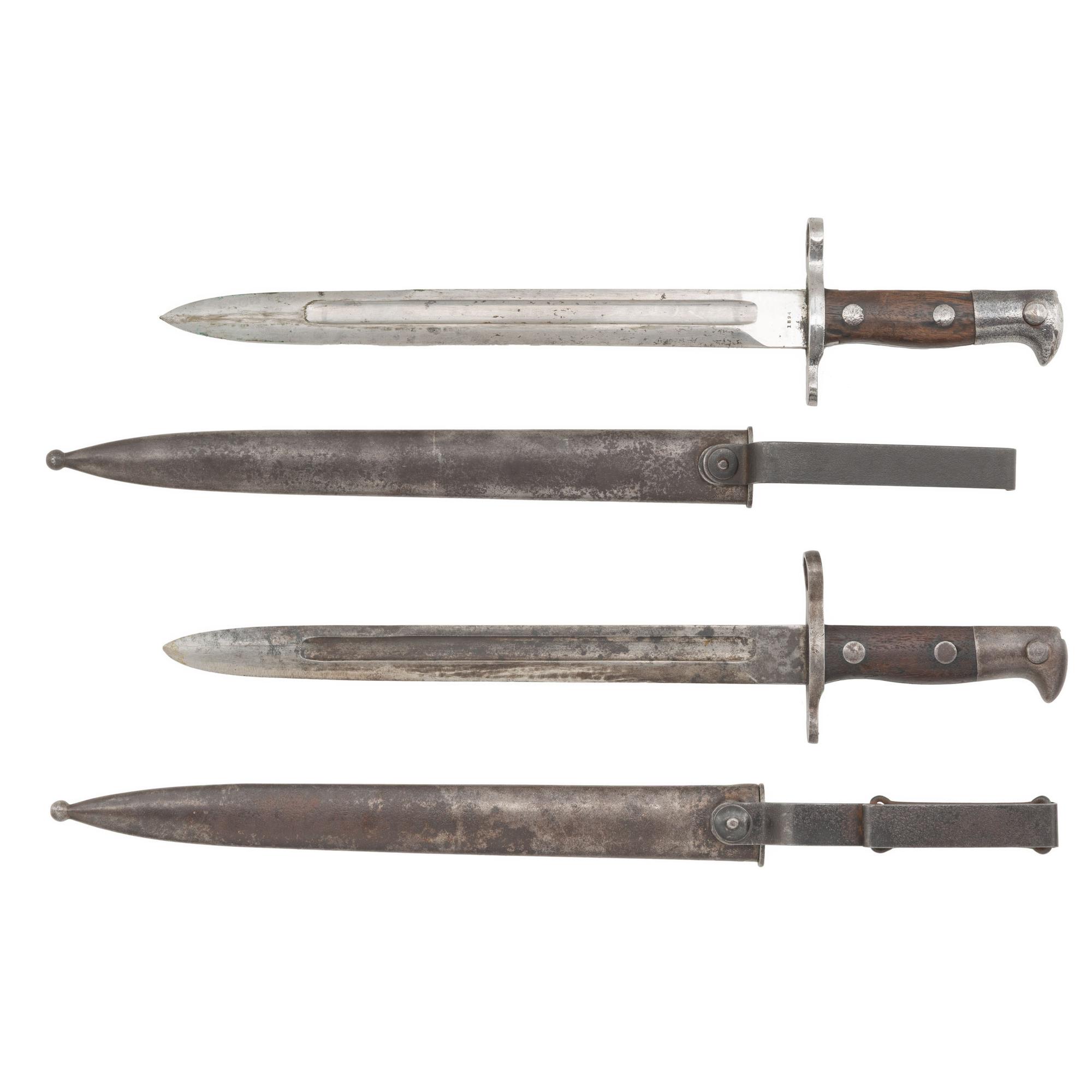 Two 1894 Dated US Model 1892 Krag Rifle Bayonets with Type I and Type II Scabbards