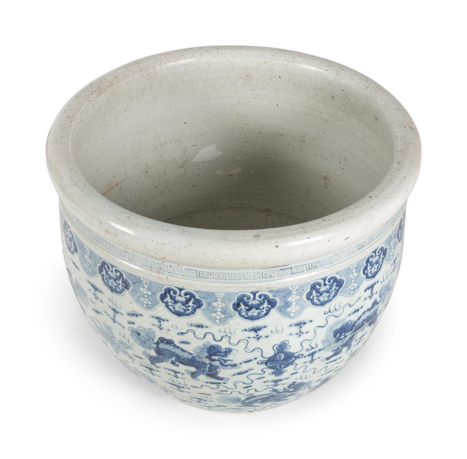 A Large Blue and White 'Fu Lion' Porcelain Fish Bowl