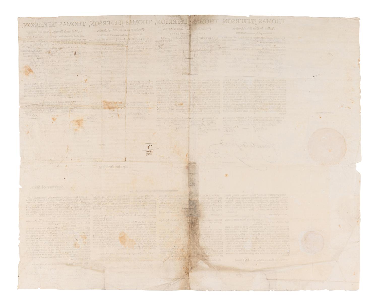 JEFFERSON, Thomas (1743-1826). Partly printed document signed ("Th. Jefferson"), as President, countersigned by James MADISON (1751-1836) as Secretary of State, 27 May 1806.