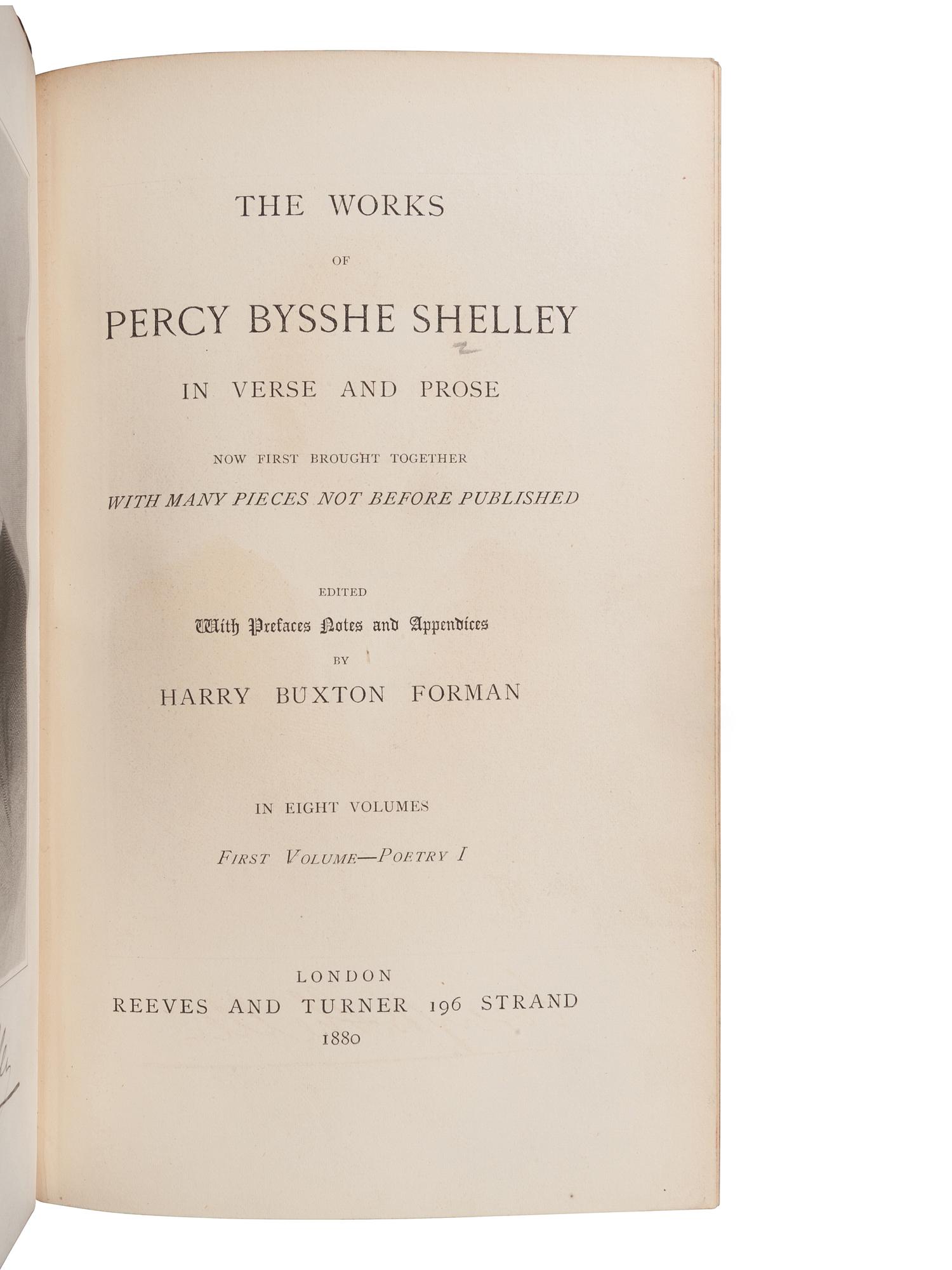 [BINDINGS]. SHELLEY, Percy Bysshe (1792-1822). – FORMAN, Harry Buxton, editor. Works . London: Reeves and Turner, 1880.